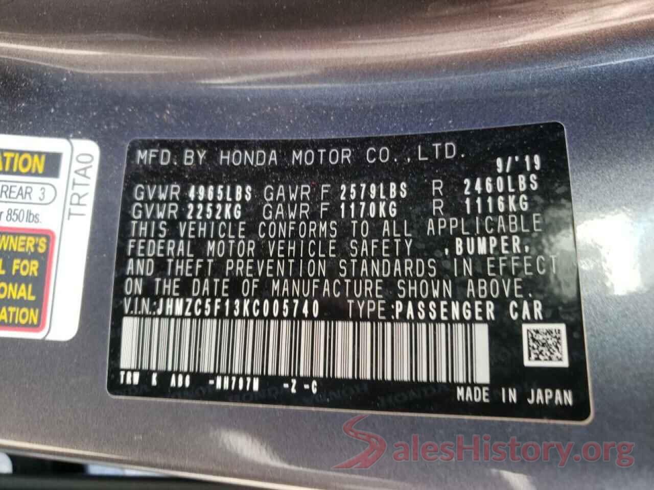 JHMZC5F13KC005740 2019 HONDA CLARITY