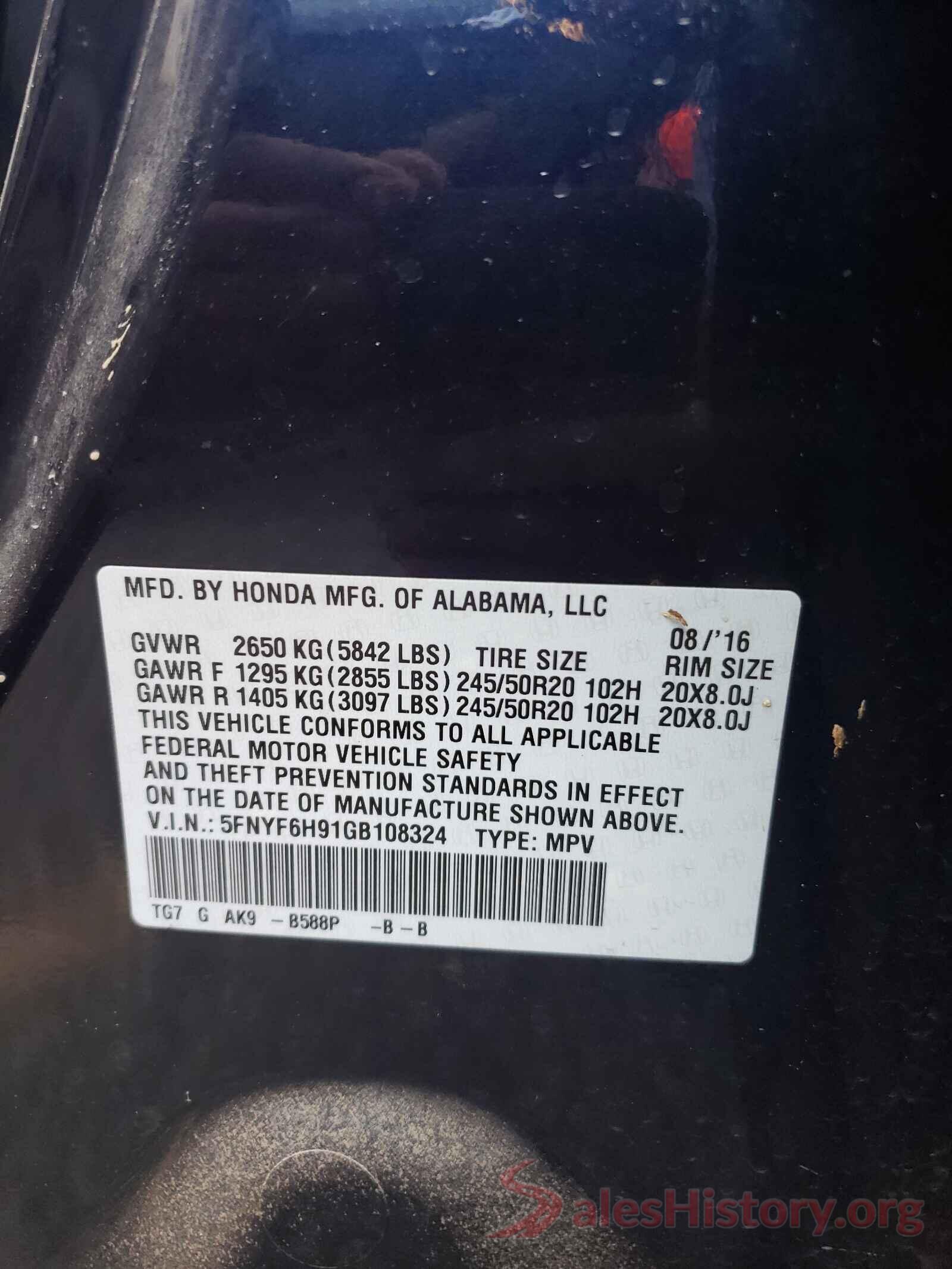 5FNYF6H91GB108324 2016 HONDA PILOT