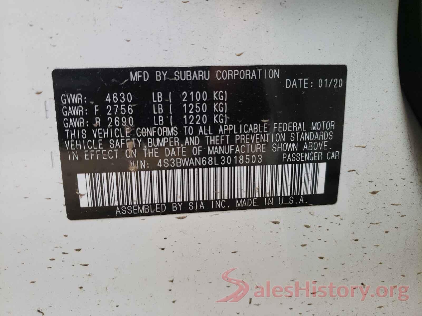 4S3BWAN68L3018503 2020 SUBARU LEGACY