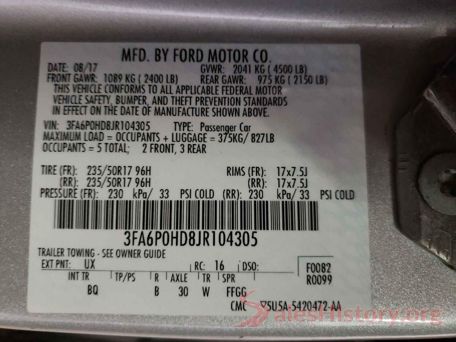 3FA6P0HD8JR104305 2018 FORD FUSION