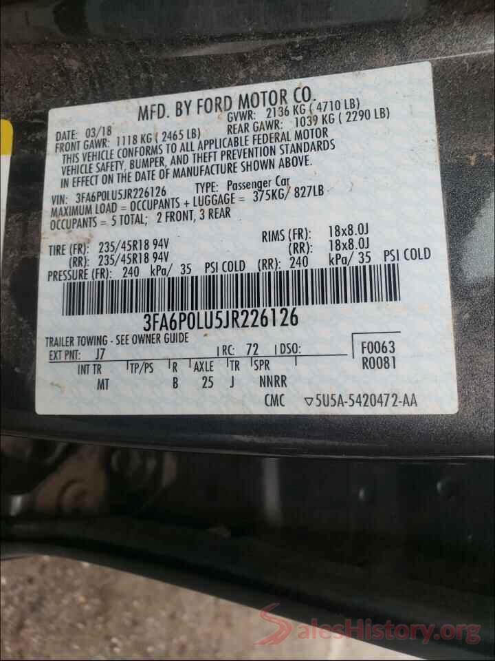 3FA6P0LU5JR226126 2018 FORD FUSION