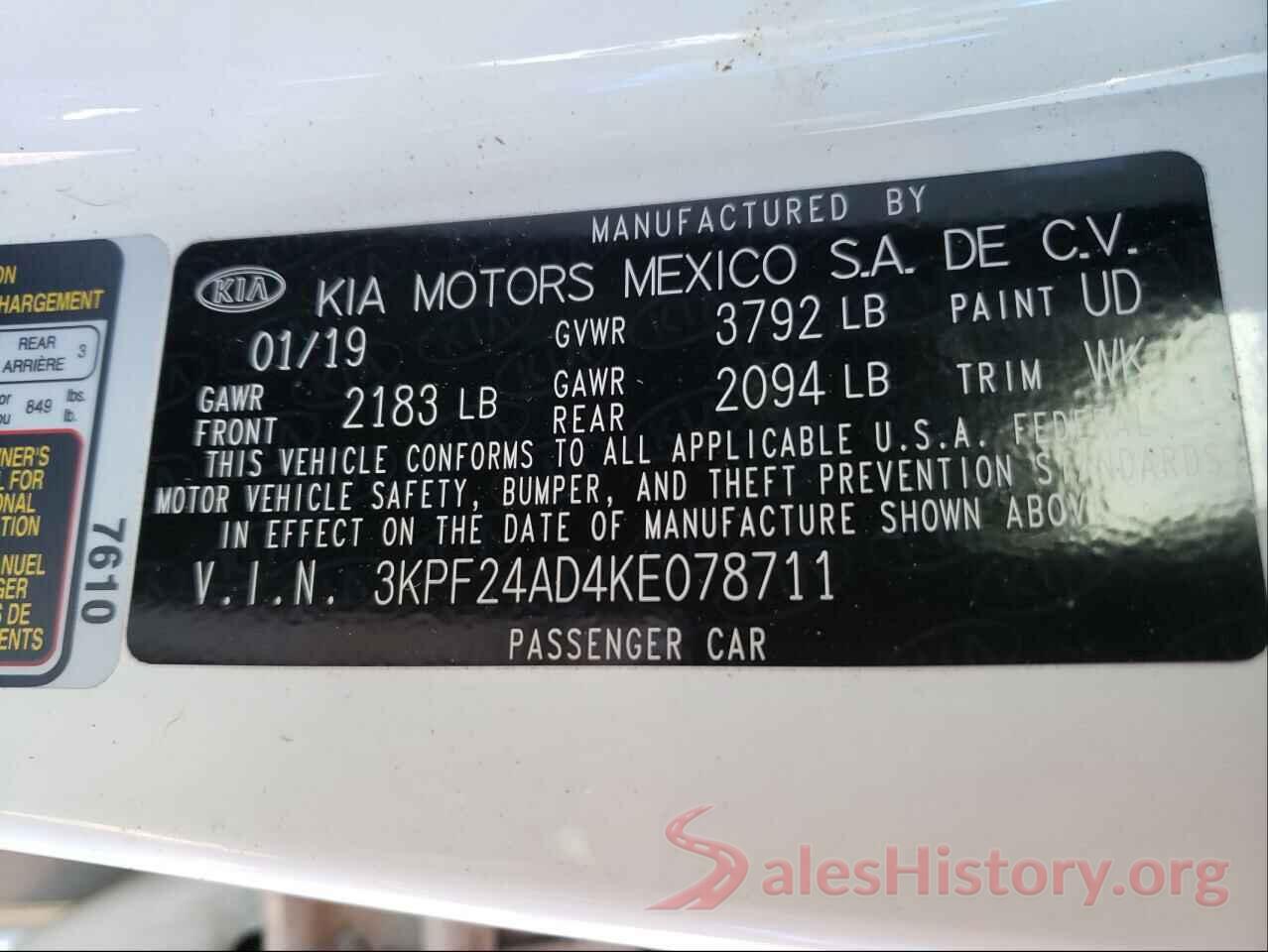 3KPF24AD4KE078711 2019 KIA FORTE