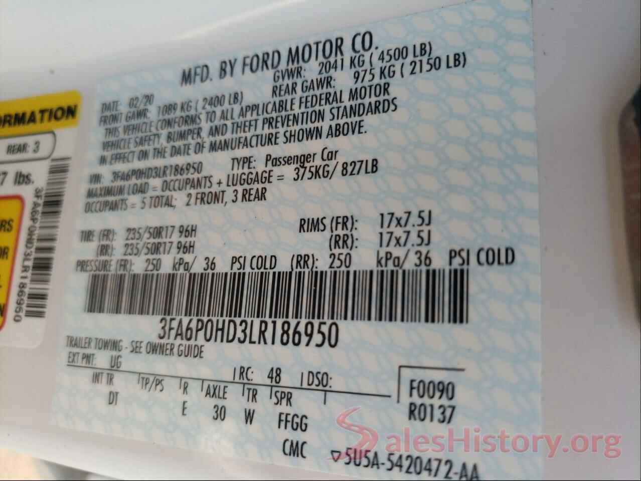 3FA6P0HD3LR186950 2020 FORD FUSION