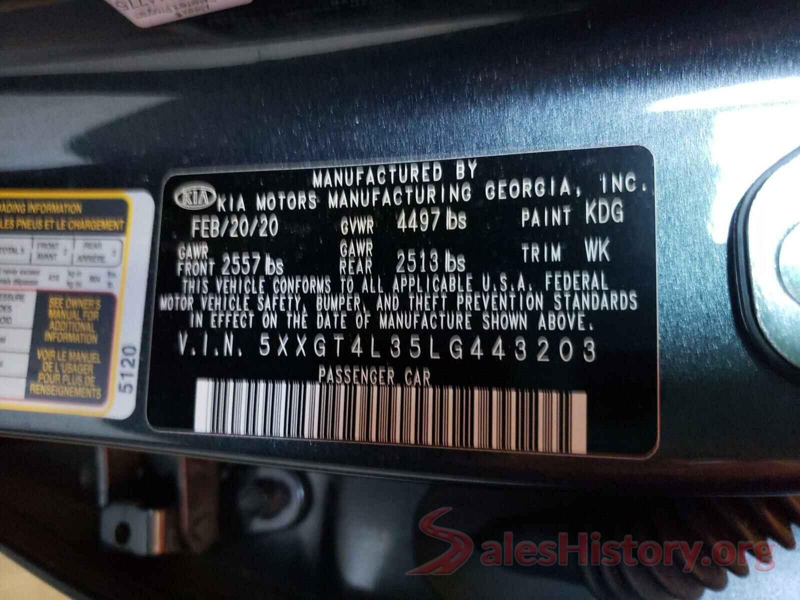 5XXGT4L35LG443203 2020 KIA OPTIMA