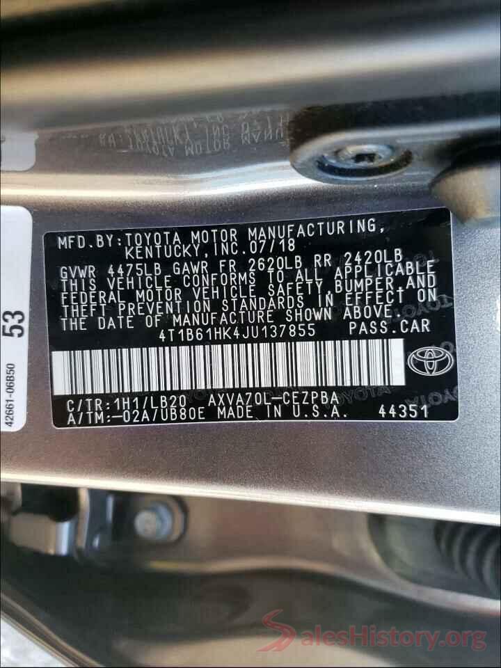 4T1B61HK4JU137855 2018 TOYOTA CAMRY