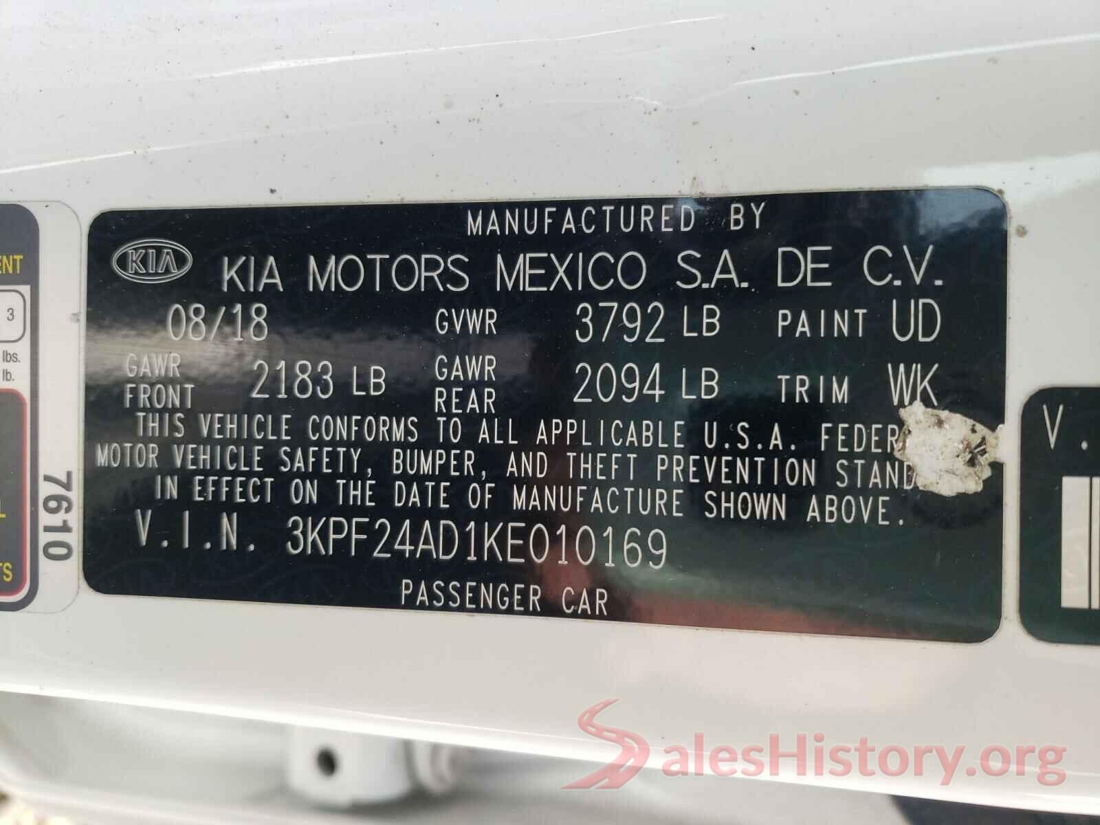 3KPF24AD1KE010169 2019 KIA FORTE