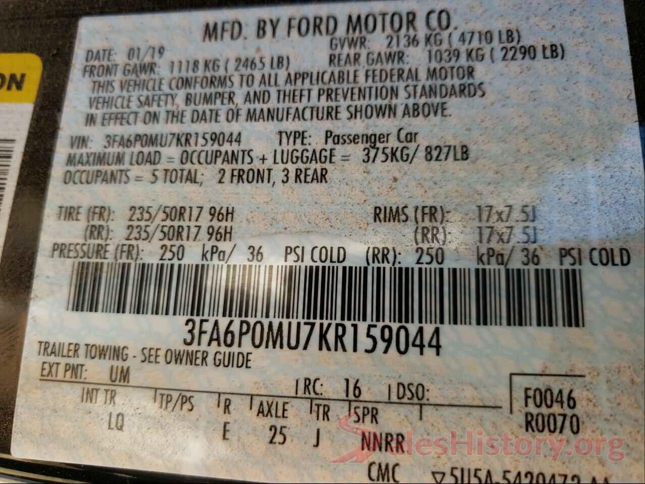 3FA6P0MU7KR159044 2019 FORD FUSION