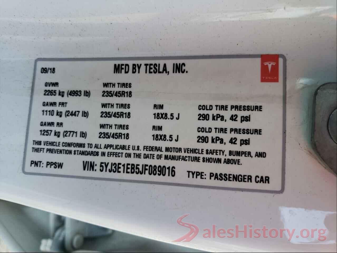 5YJ3E1EB5JF089016 2018 TESLA MODEL 3