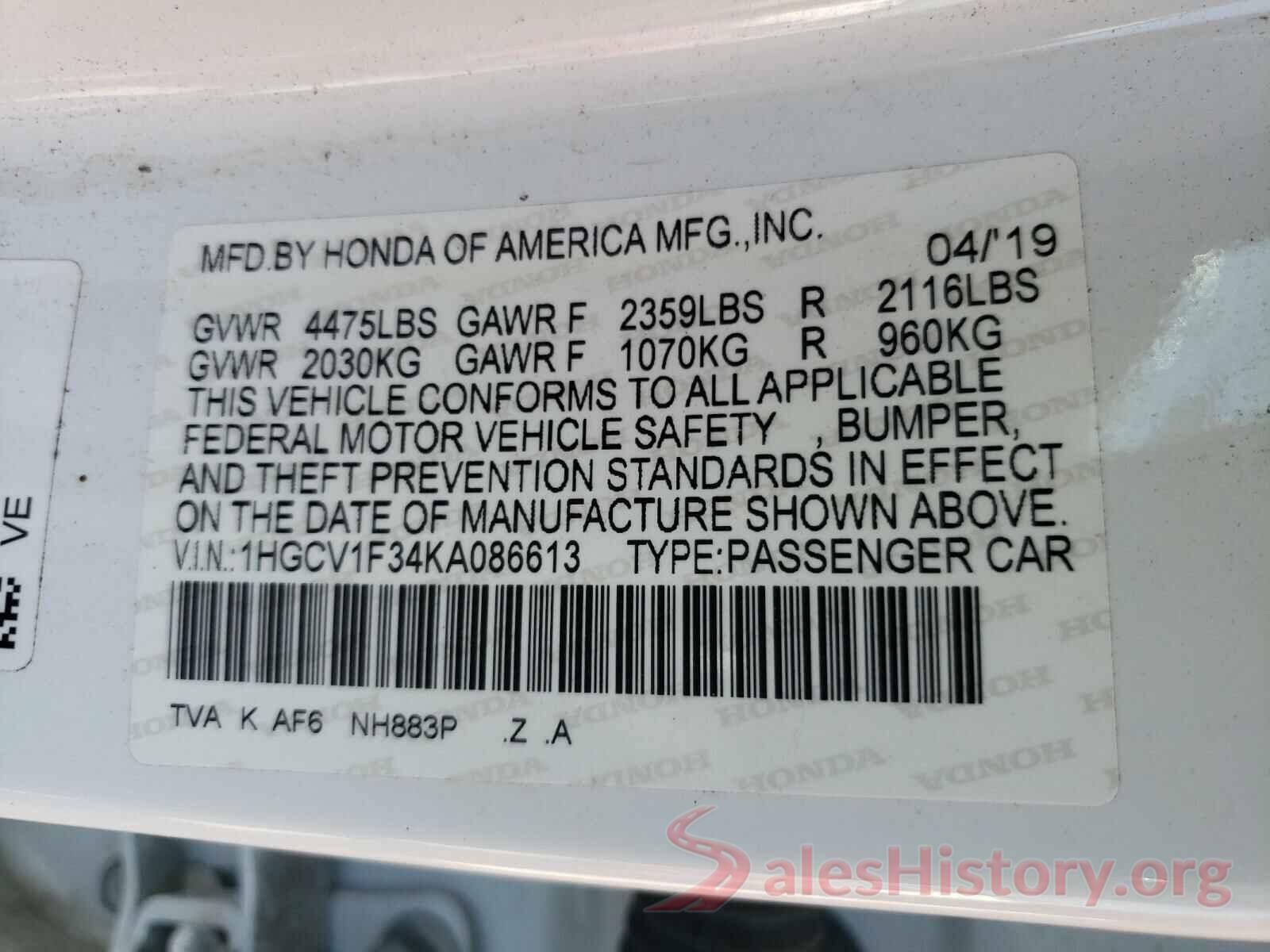 1HGCV1F34KA086613 2019 HONDA ACCORD