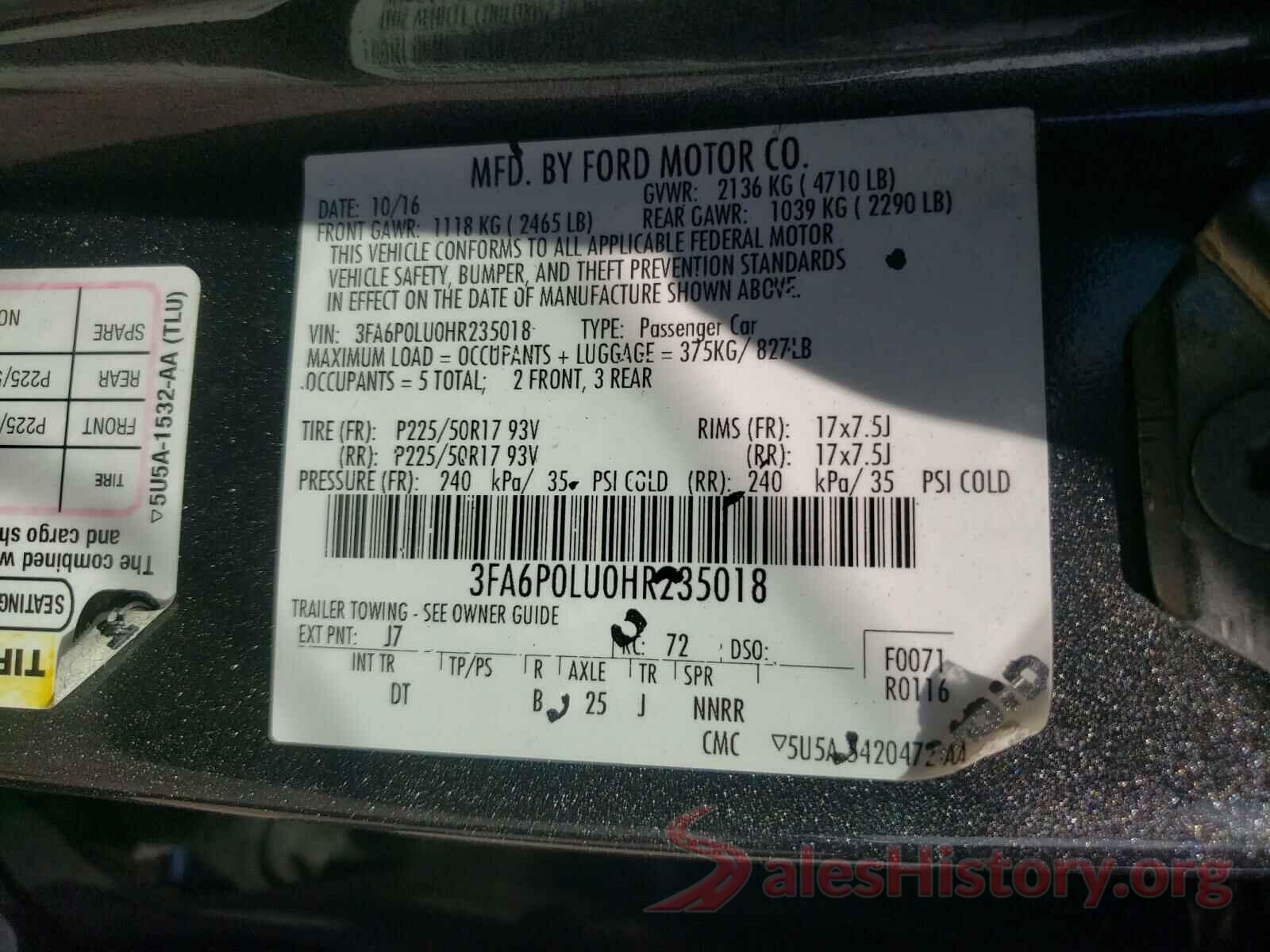 3FA6P0LU0HR235018 2017 FORD FUSION