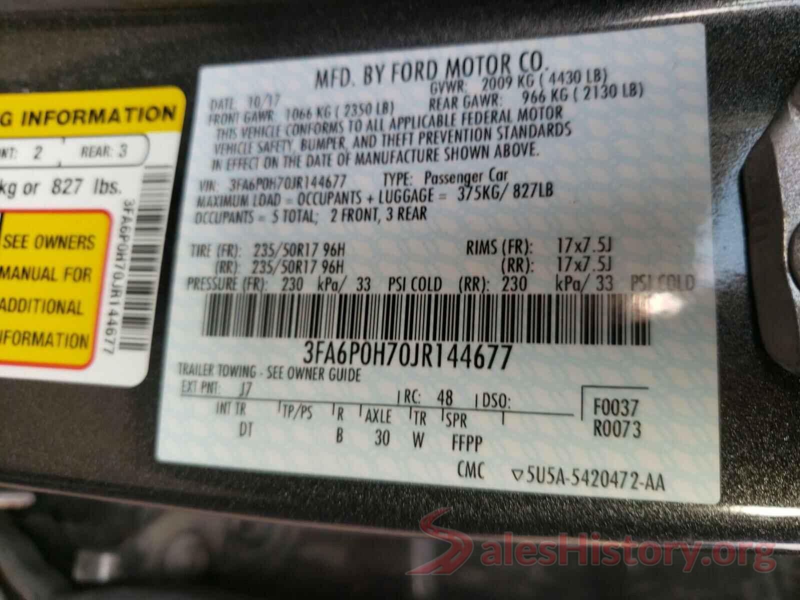 3FA6P0H70JR144677 2018 FORD FUSION