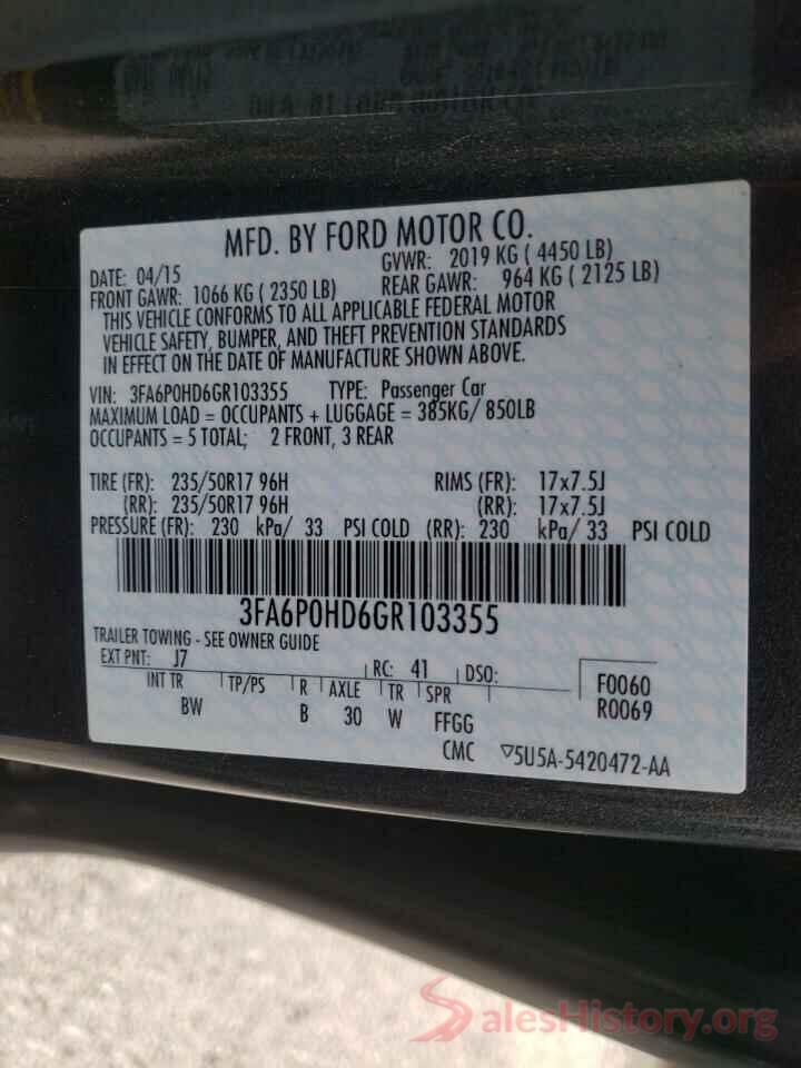 3FA6P0HD6GR103355 2016 FORD FUSION