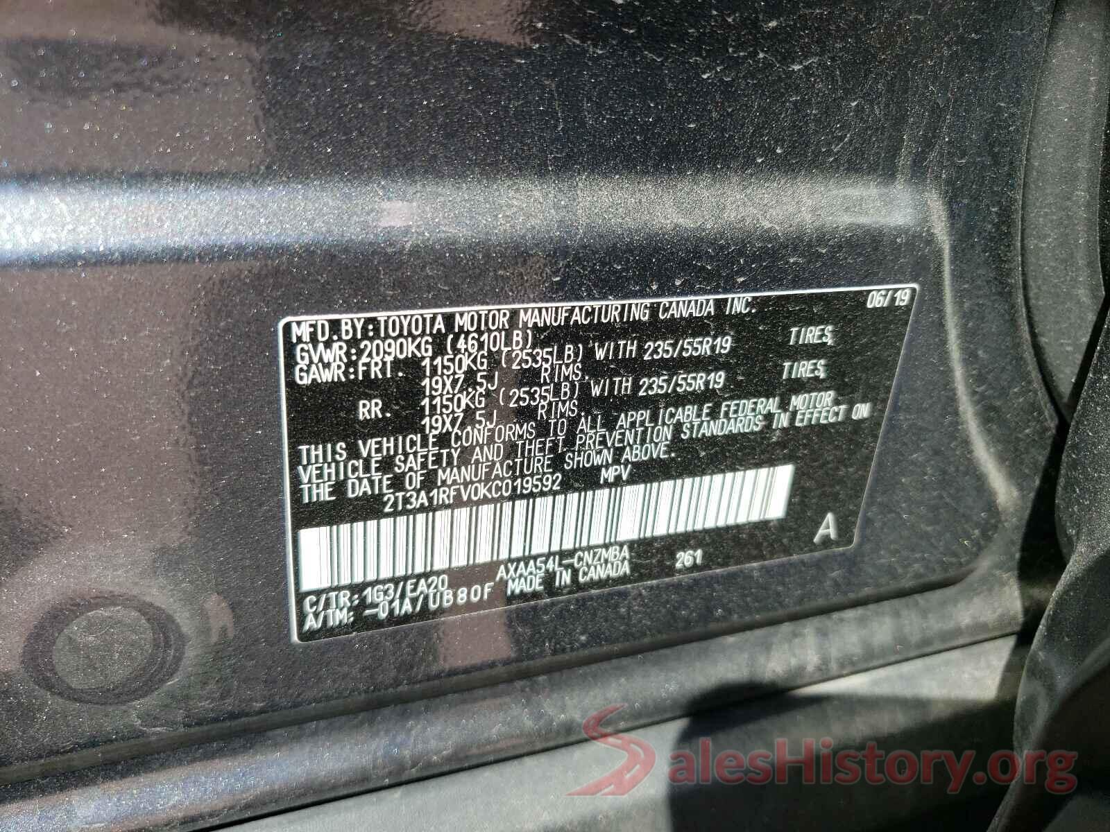 2T3A1RFV0KC019592 2019 TOYOTA RAV4