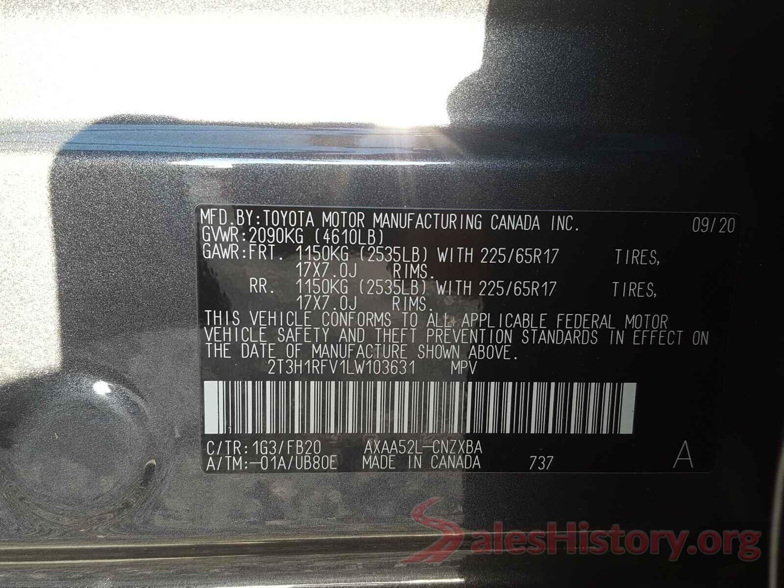 2T3H1RFV1LW103631 2020 TOYOTA RAV4