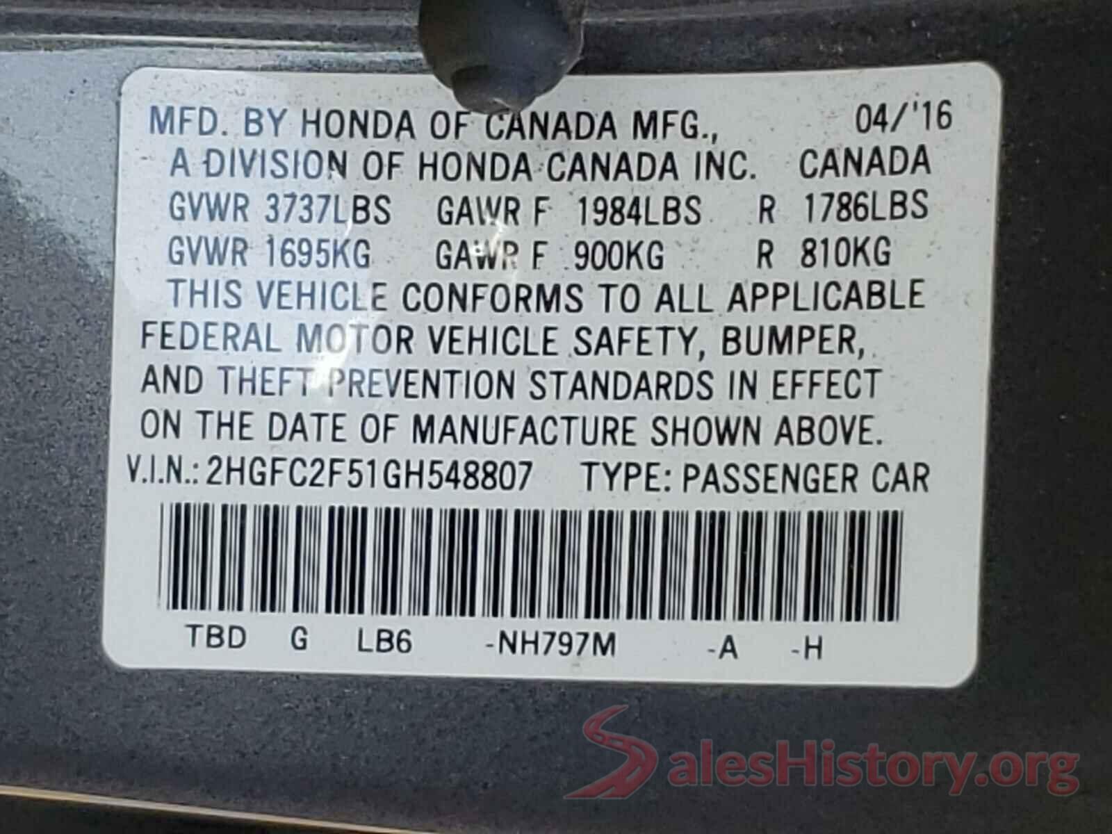 2HGFC2F51GH548807 2016 HONDA CIVIC