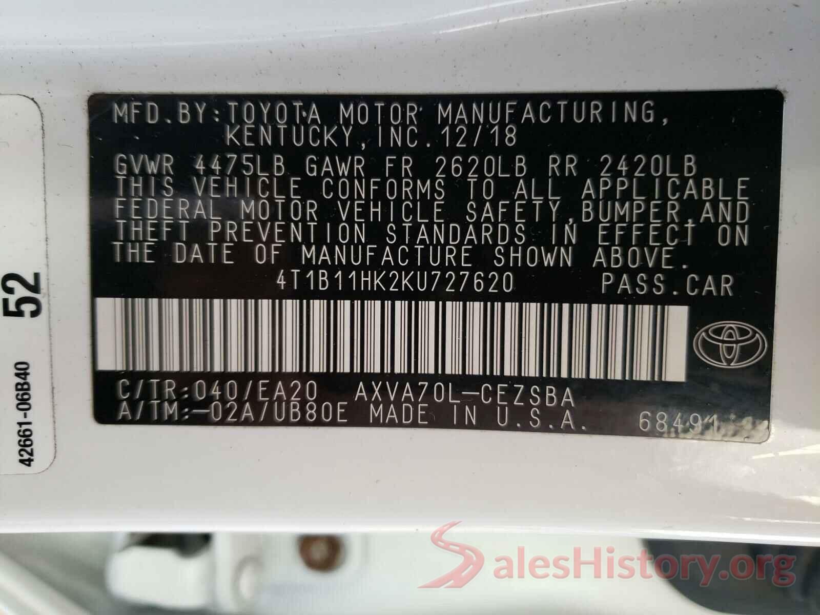 4T1B11HK2KU727620 2019 TOYOTA CAMRY