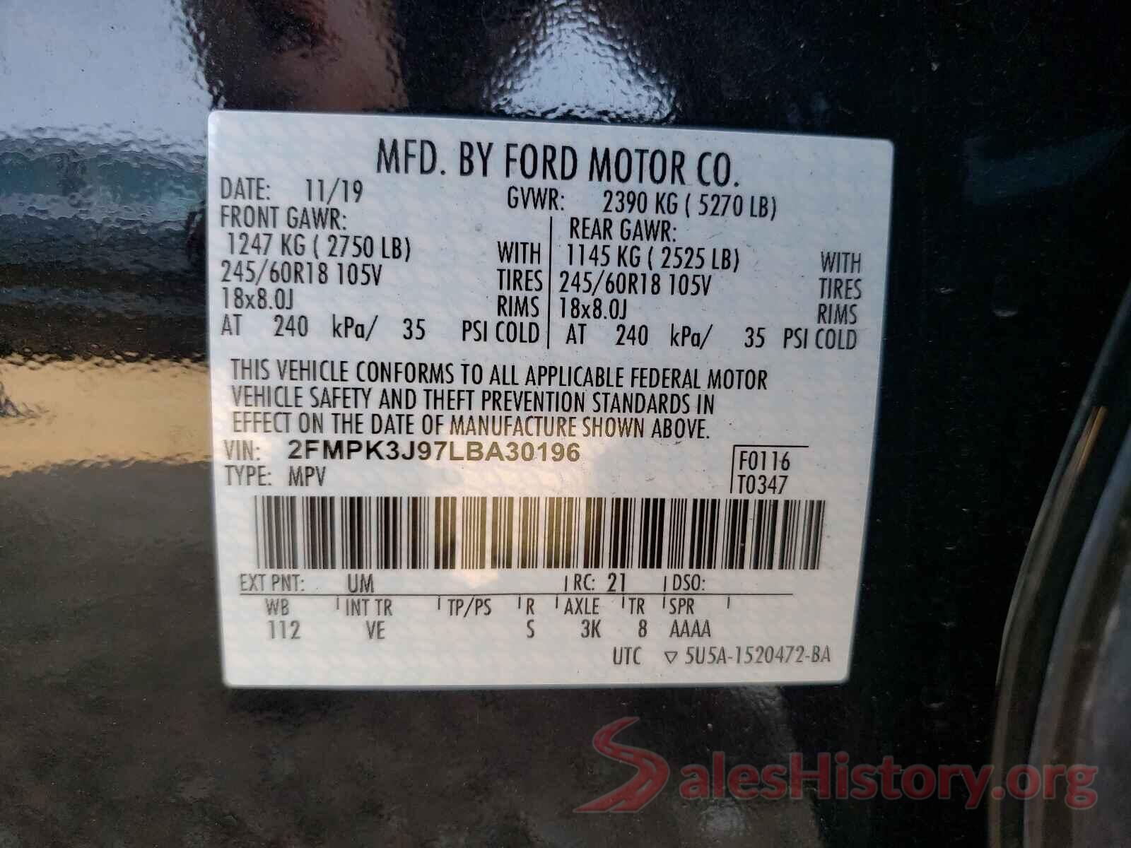 2FMPK3J97LBA30196 2020 FORD EDGE