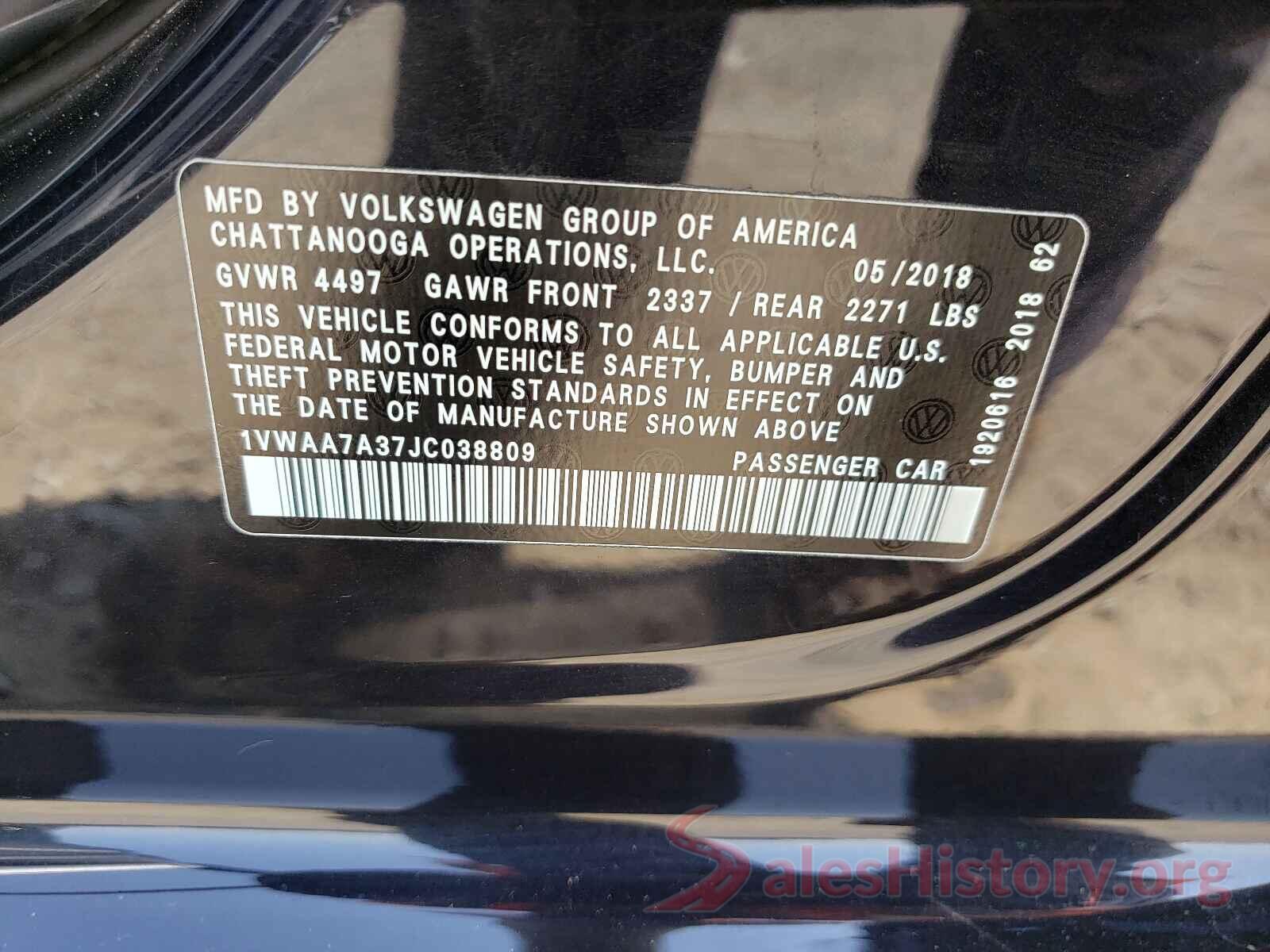 1VWAA7A37JC038809 2018 VOLKSWAGEN PASSAT