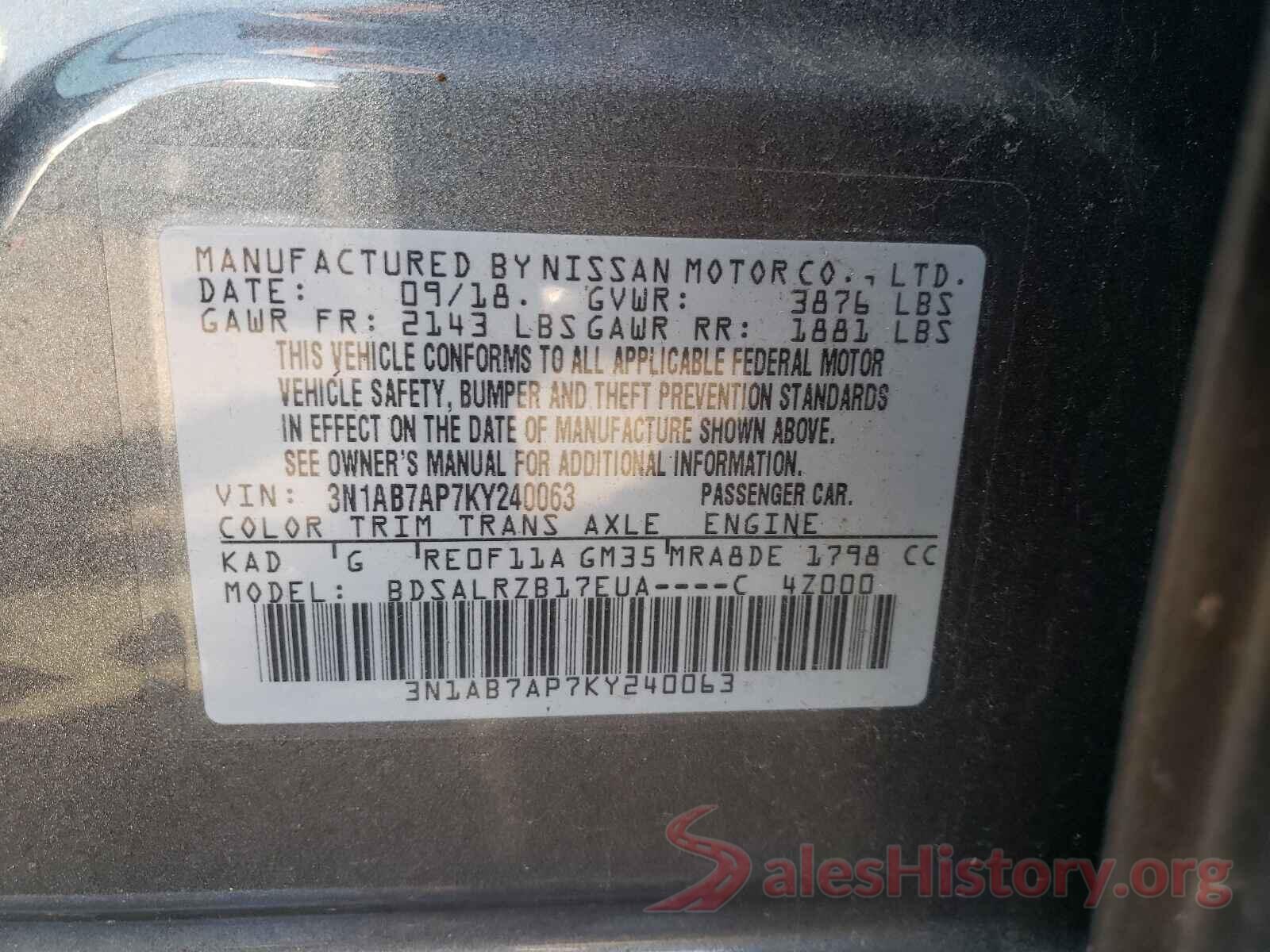 3N1AB7AP7KY240063 2019 NISSAN SENTRA