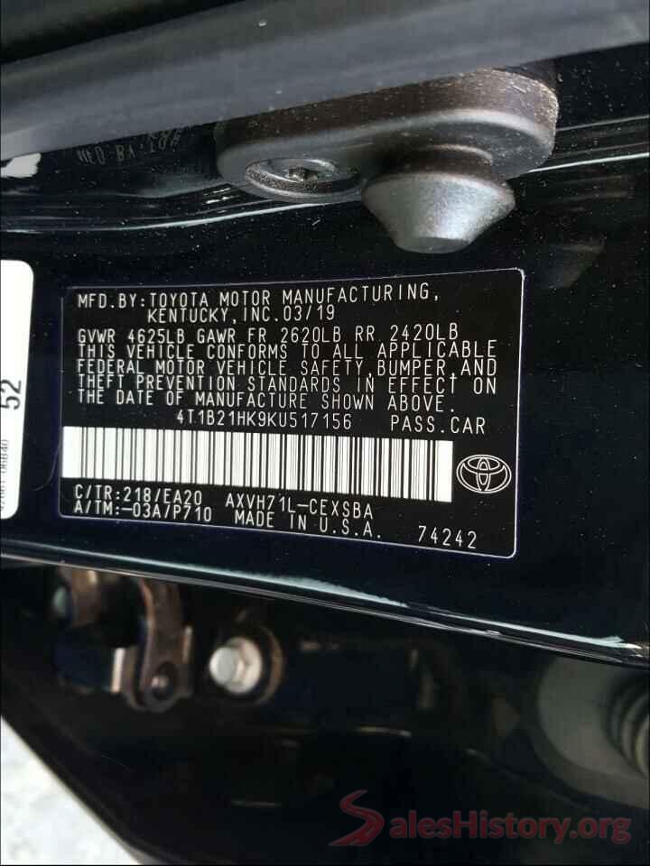 4T1B21HK9KU517156 2019 TOYOTA CAMRY