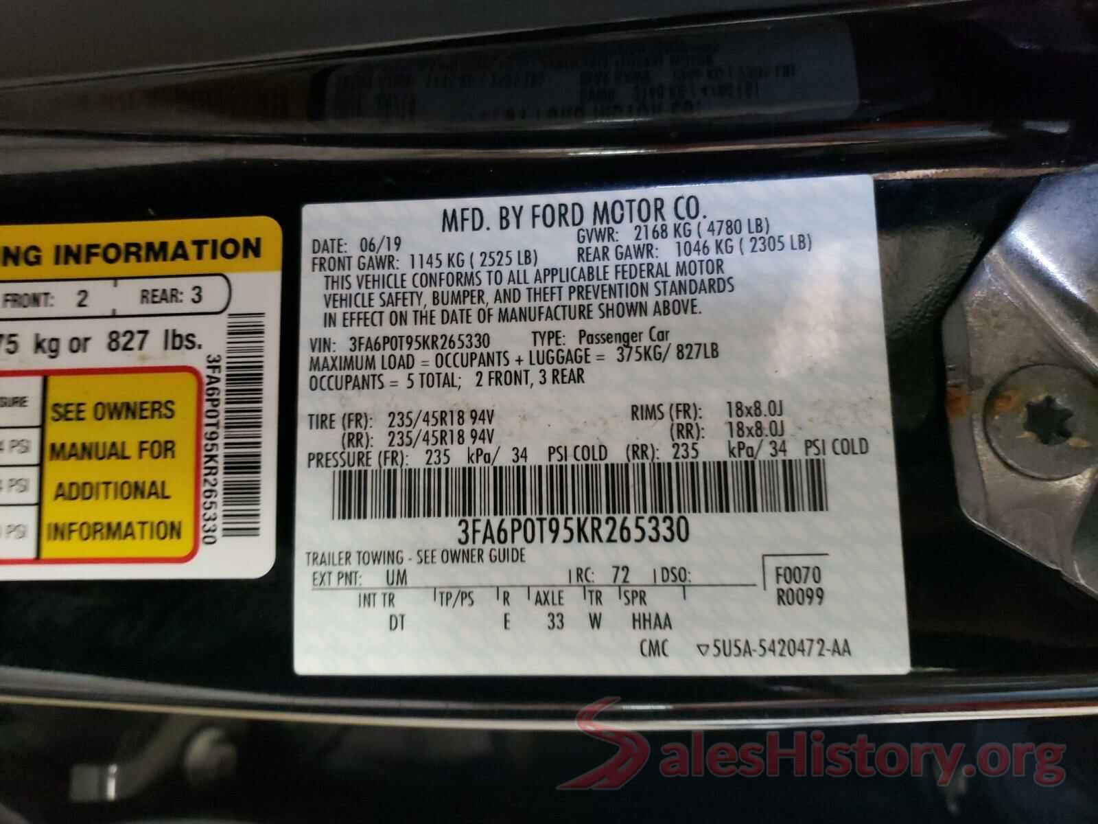 3FA6P0T95KR265330 2019 FORD FUSION