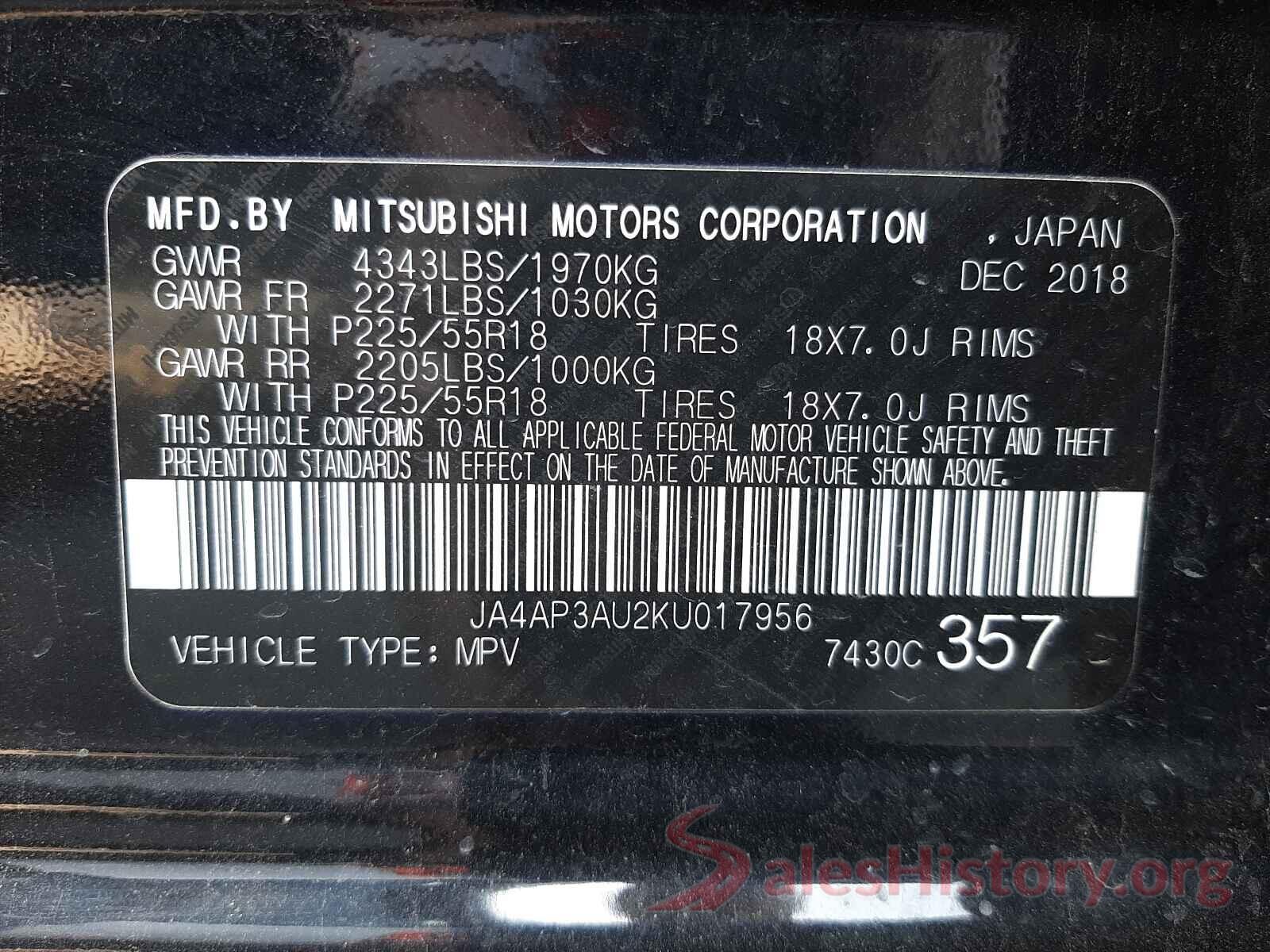 JA4AP3AU2KU017956 2019 MITSUBISHI OUTLANDER