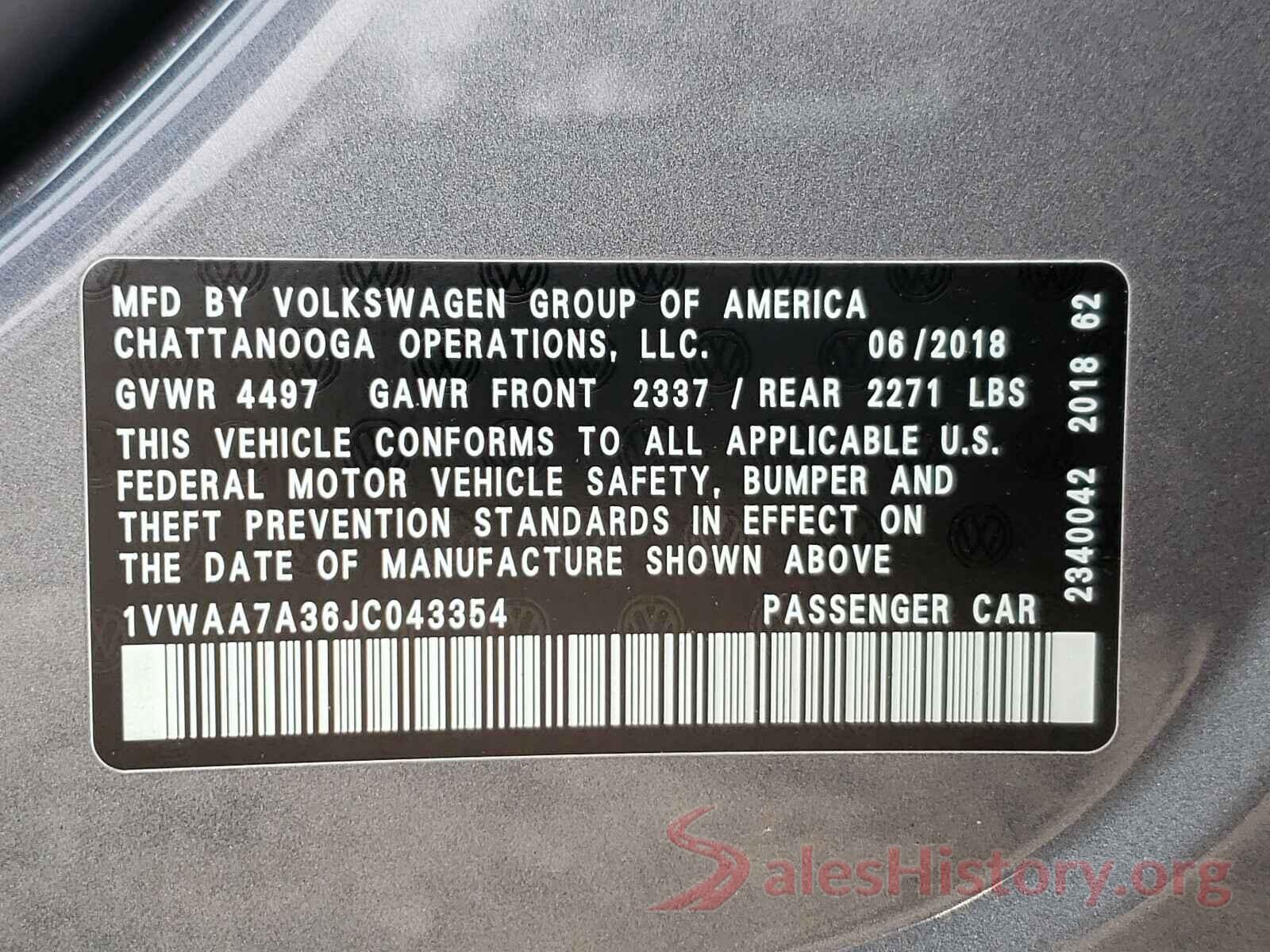 1VWAA7A36JC043354 2018 VOLKSWAGEN PASSAT