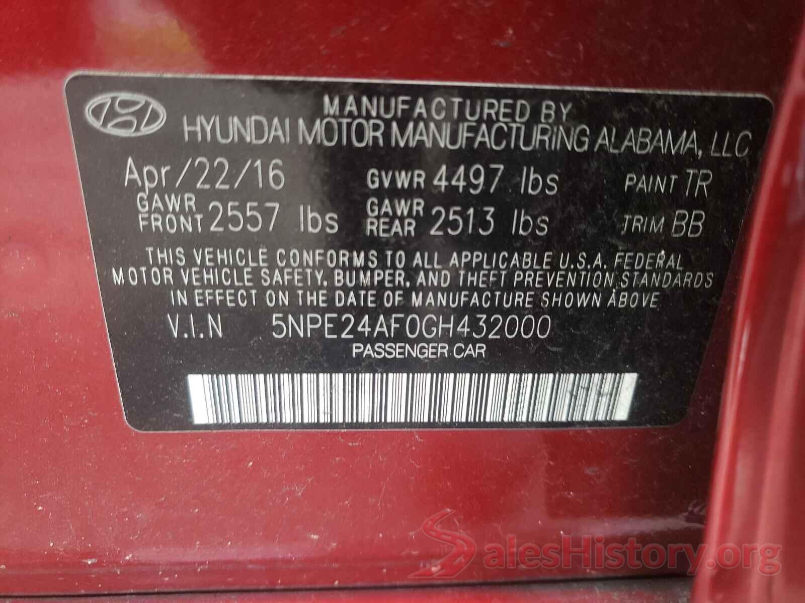 5NPE24AF0GH432000 2016 HYUNDAI SONATA