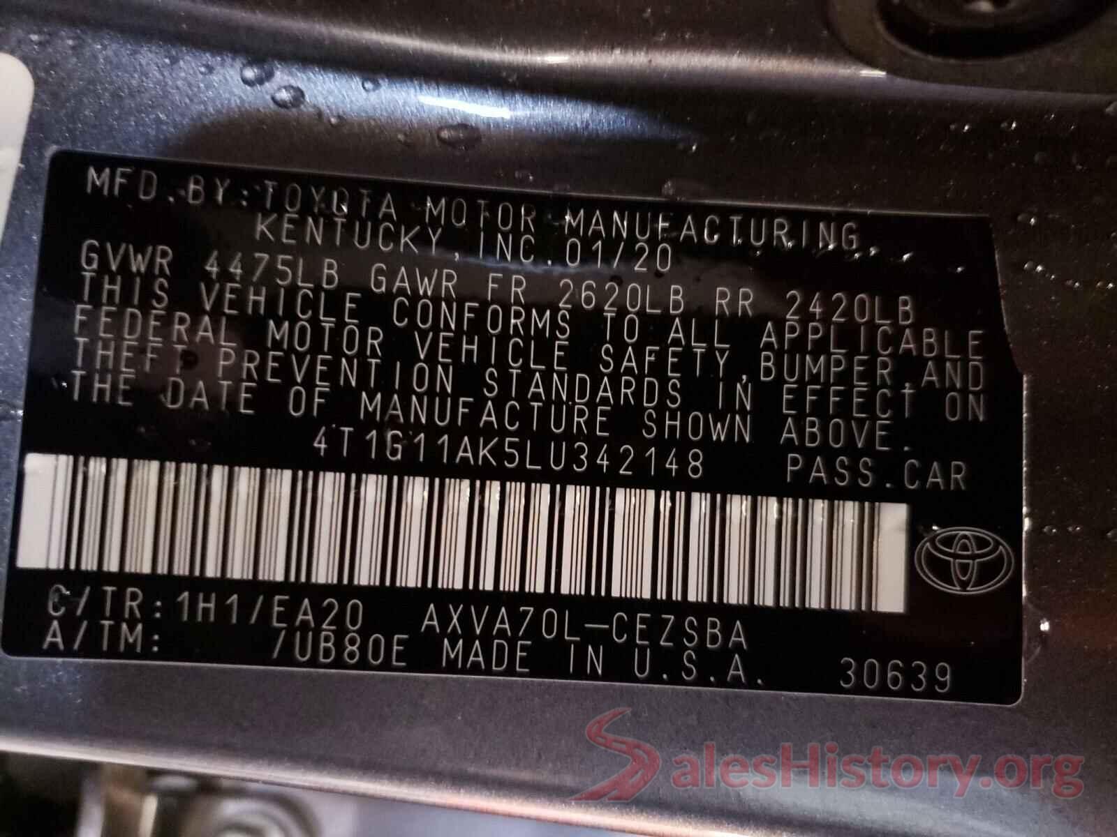 4T1G11AK5LU342148 2020 TOYOTA CAMRY