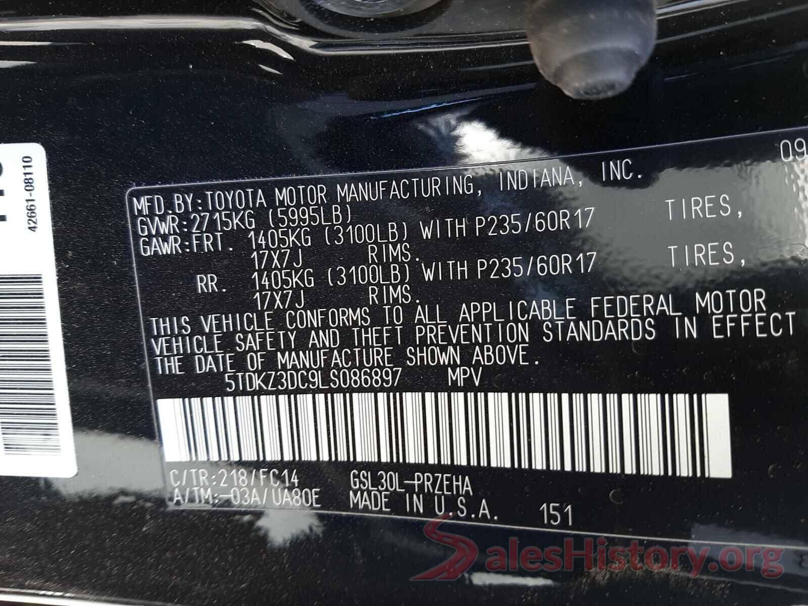 5TDKZ3DC9LS086897 2020 TOYOTA SIENNA