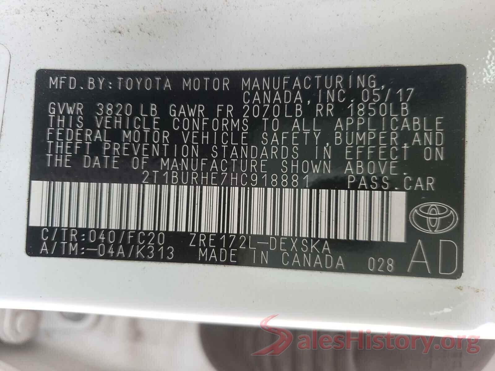 2T1BURHE7HC918881 2017 TOYOTA COROLLA