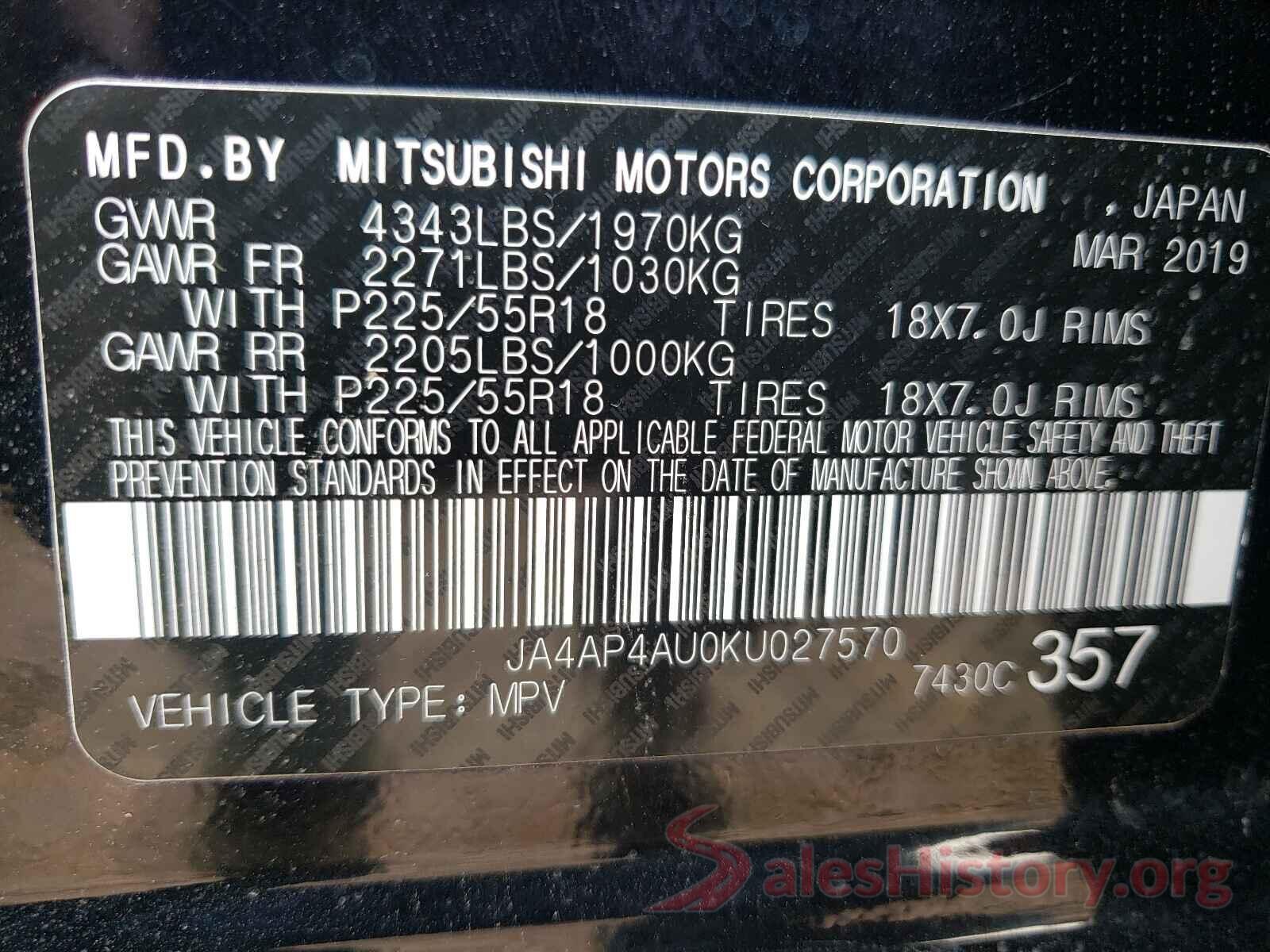 JA4AP4AU0KU027570 2019 MITSUBISHI OUTLANDER