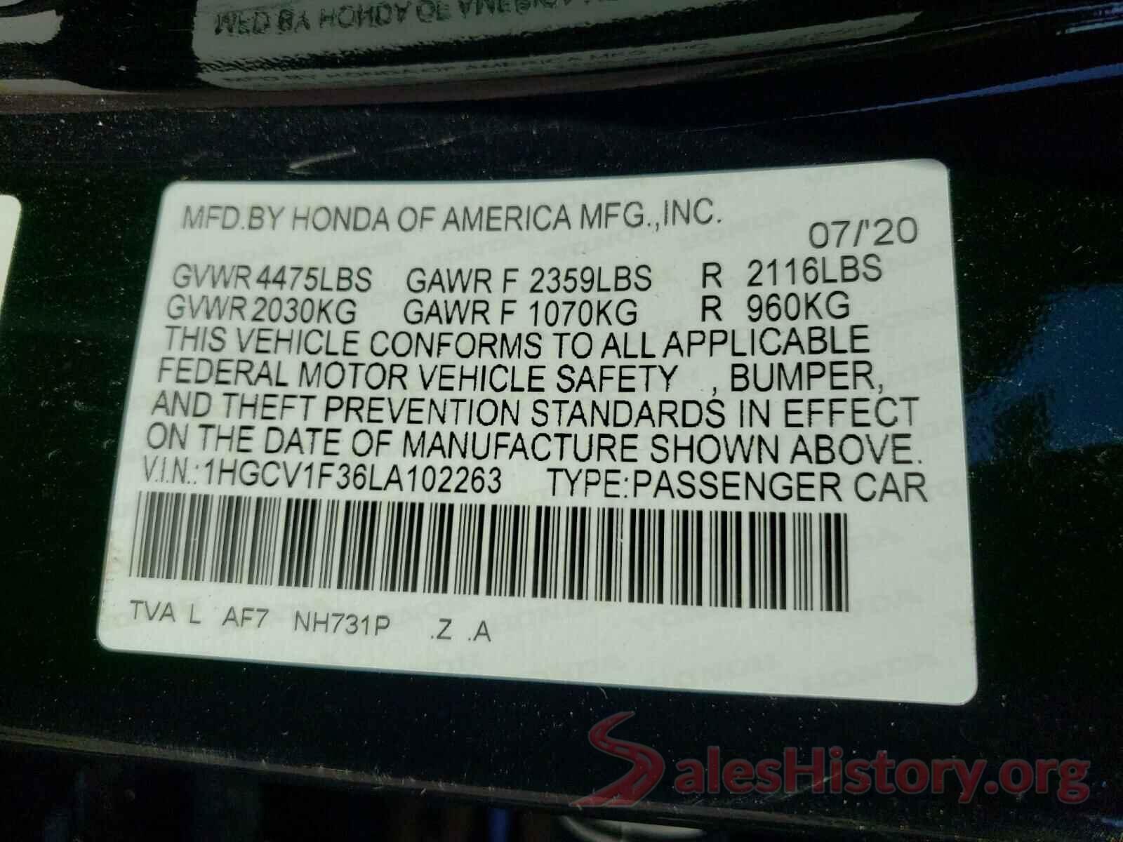 1HGCV1F36LA102263 2020 HONDA ACCORD