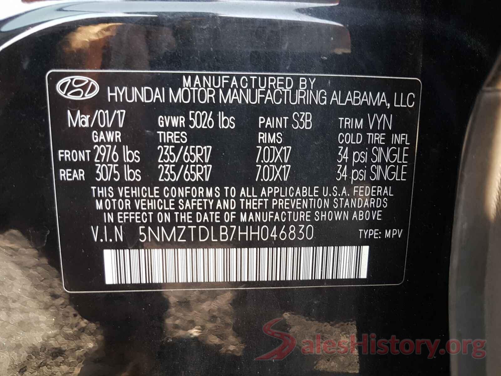 5NMZTDLB7HH046830 2017 HYUNDAI SANTA FE