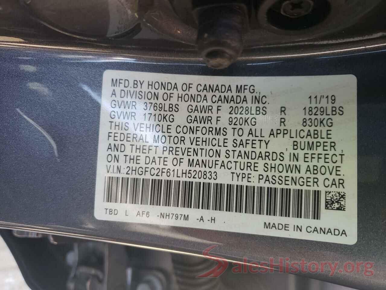 2HGFC2F61LH520833 2020 HONDA CIVIC