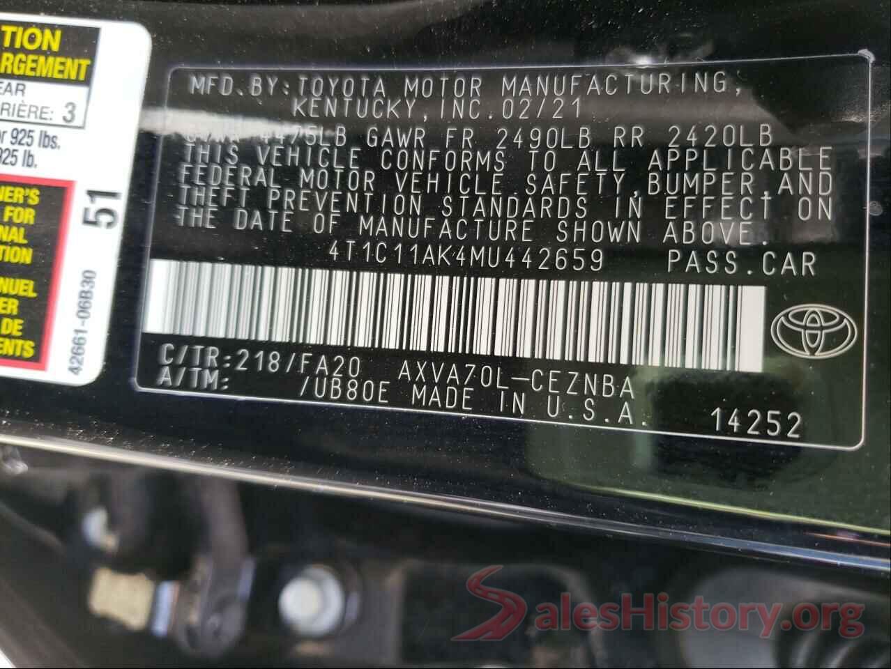 4T1C11AK4MU442659 2021 TOYOTA CAMRY