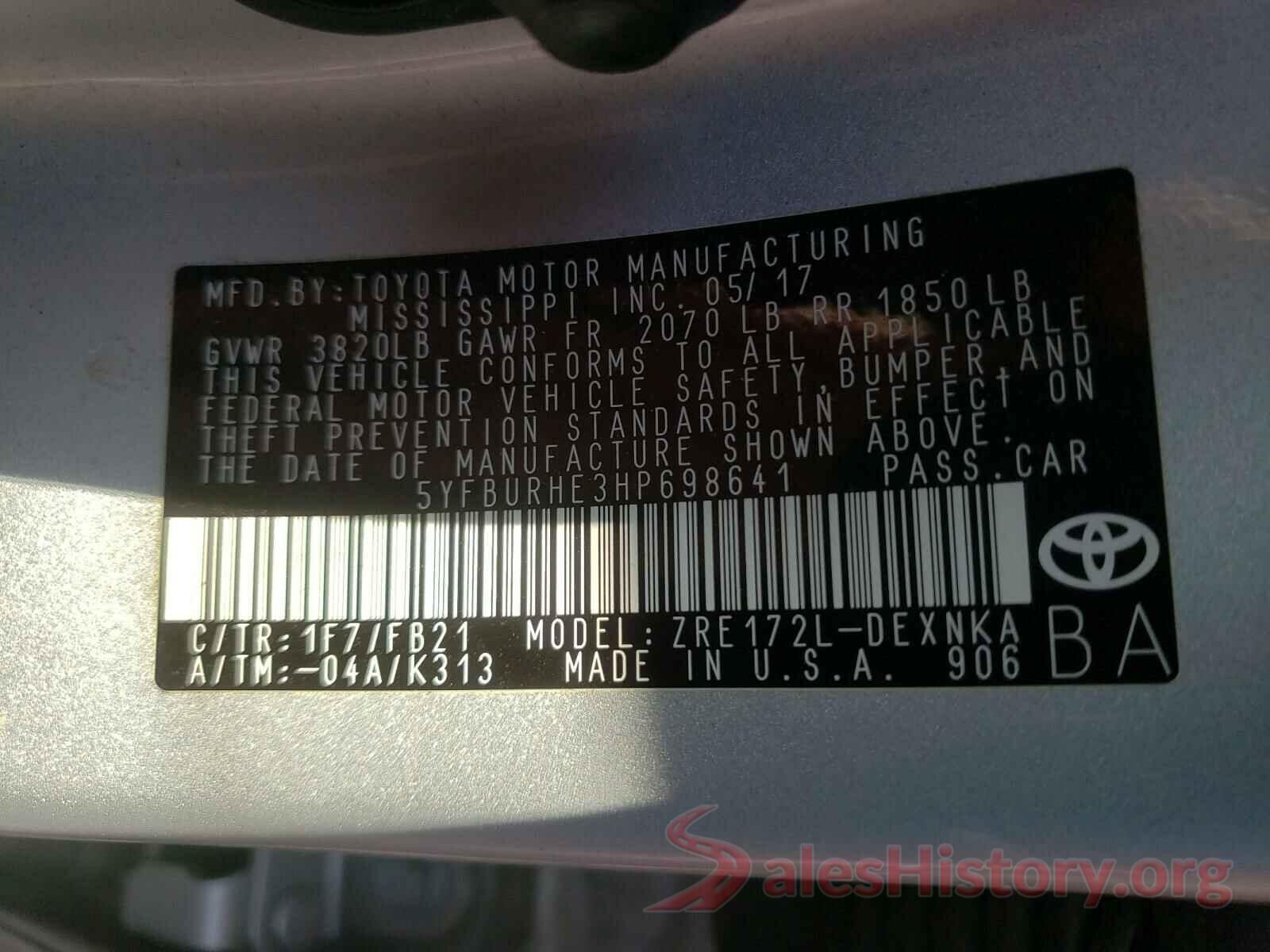 5YFBURHE3HP698641 2017 TOYOTA COROLLA