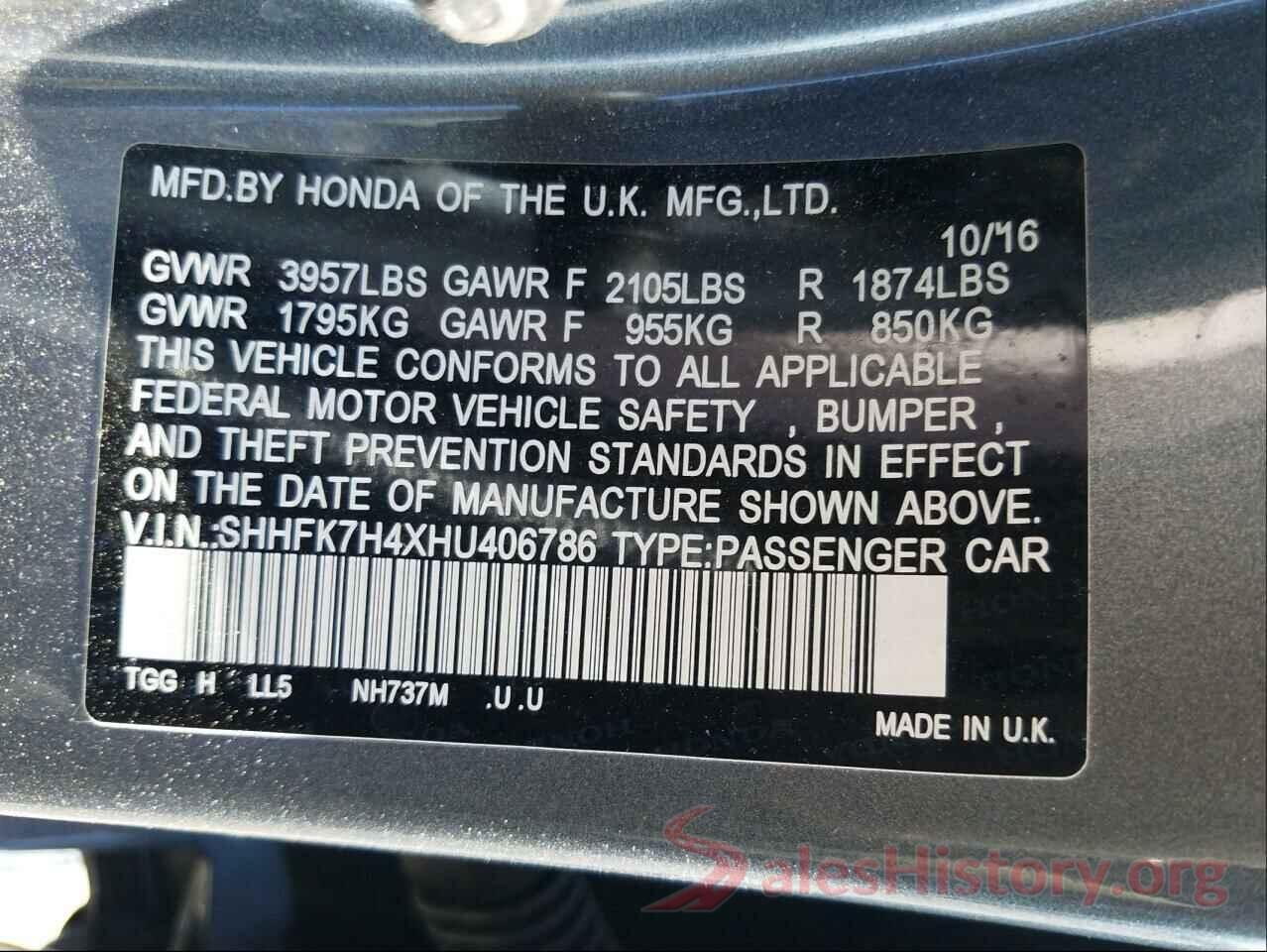 SHHFK7H4XHU406786 2017 HONDA CIVIC