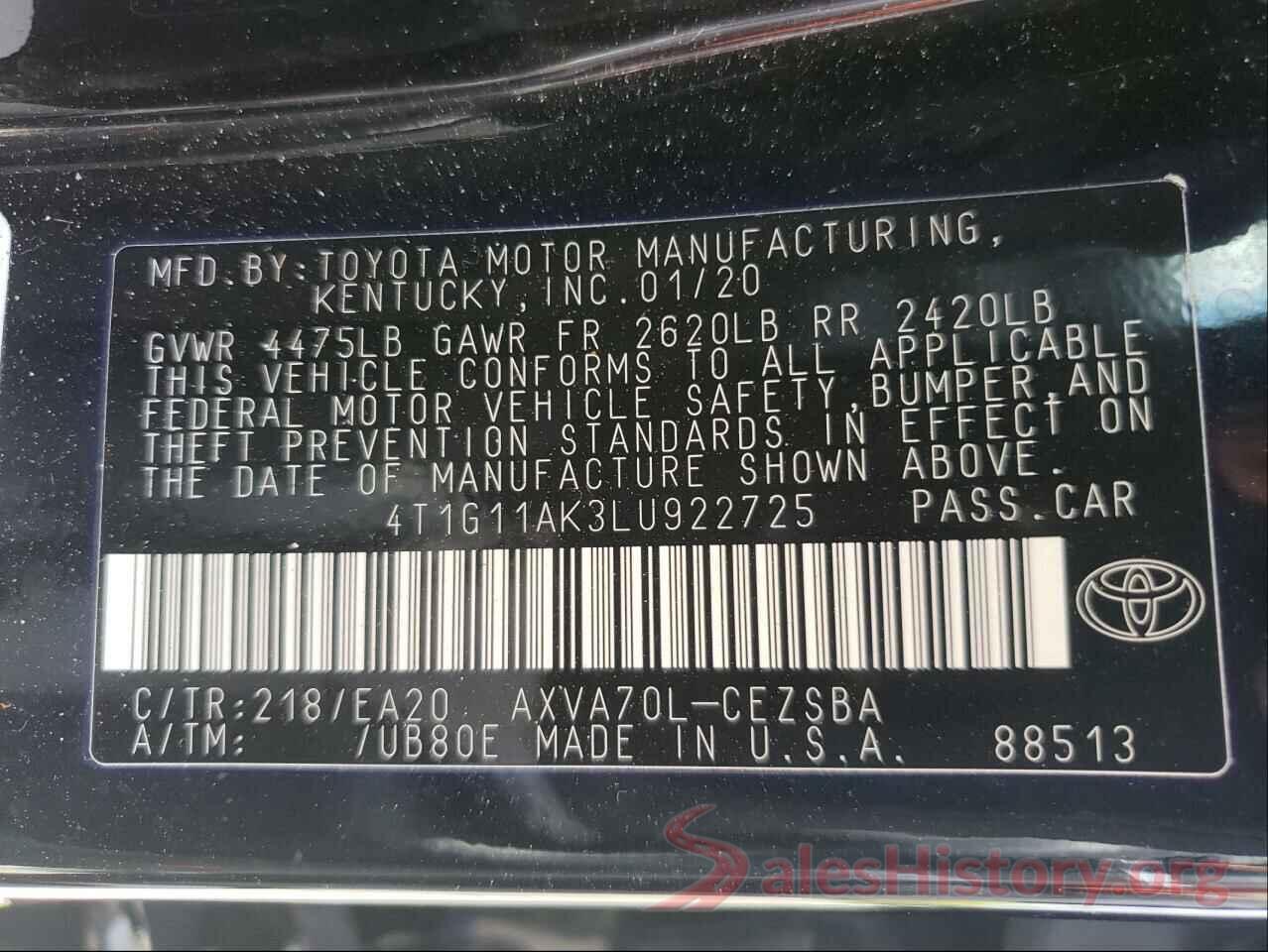 4T1G11AK3LU922725 2020 TOYOTA CAMRY