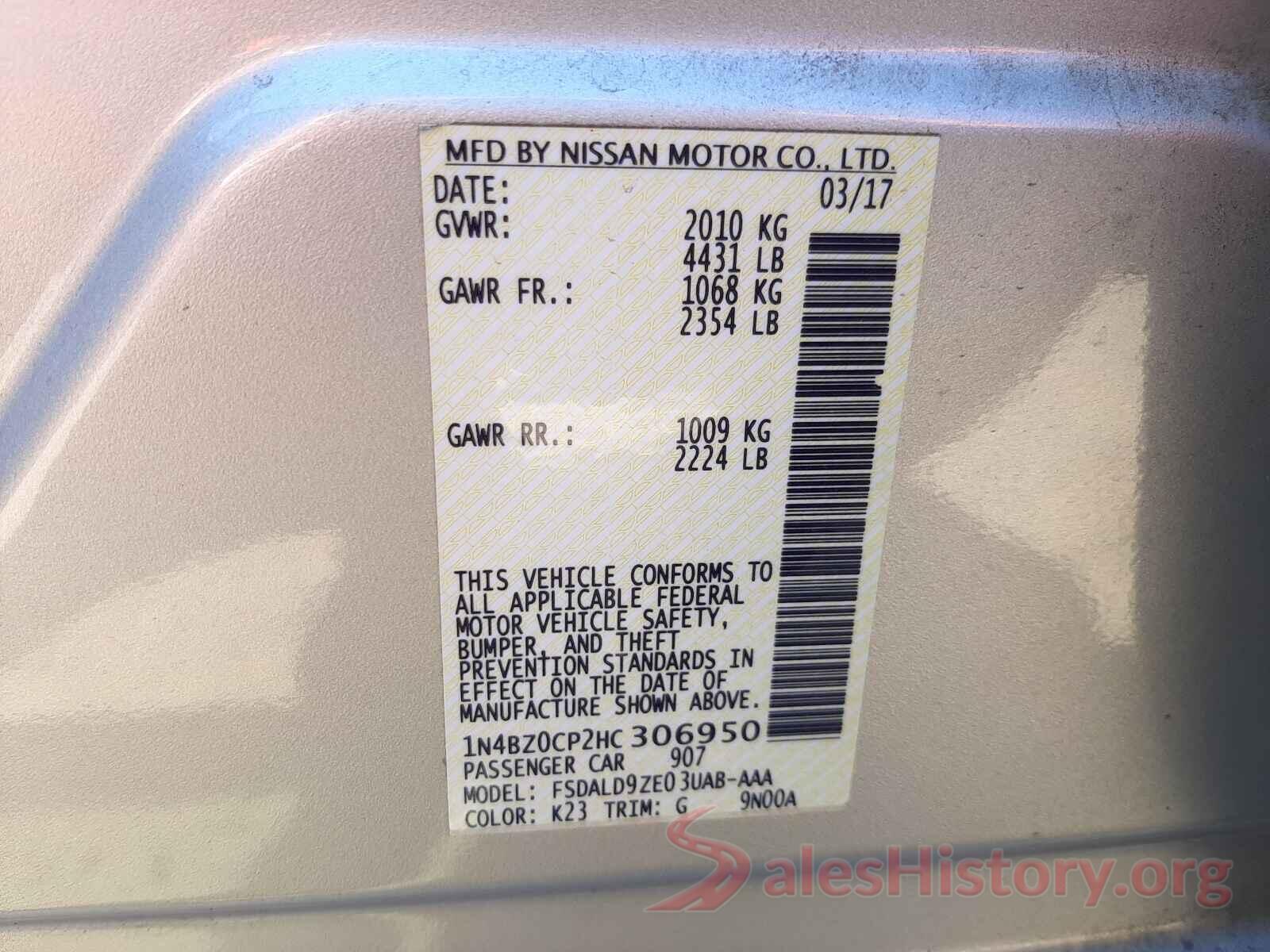 1N4BZ0CP2HC306950 2017 NISSAN LEAF