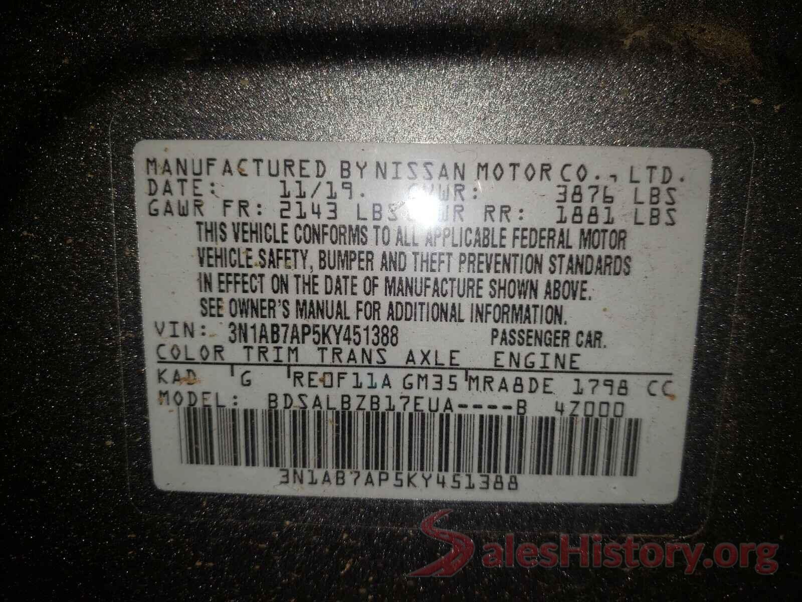 3N1AB7AP5KY451388 2019 NISSAN SENTRA