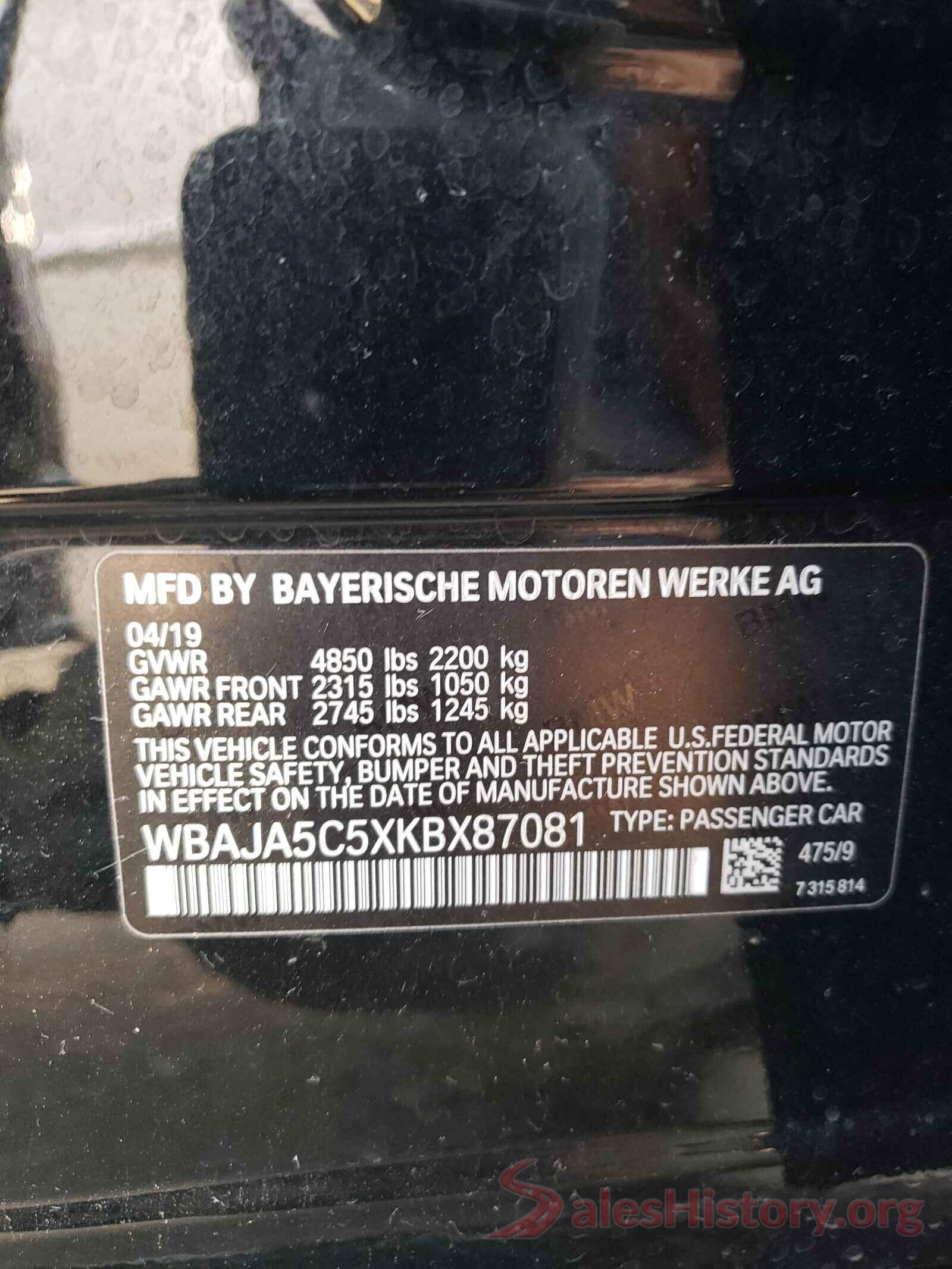 WBAJA5C5XKBX87081 2019 BMW 5 SERIES