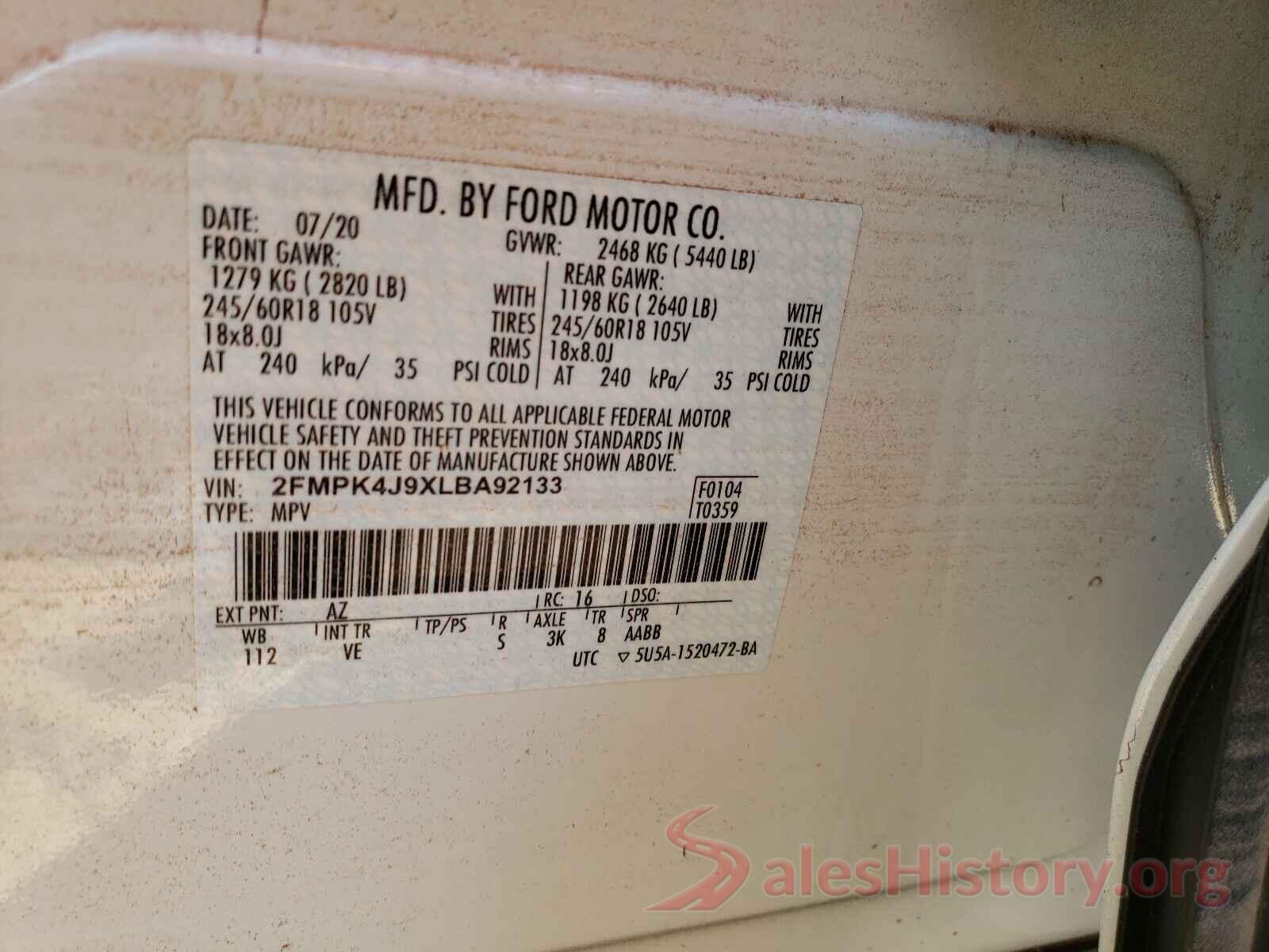 2FMPK4J9XLBA92133 2020 FORD EDGE