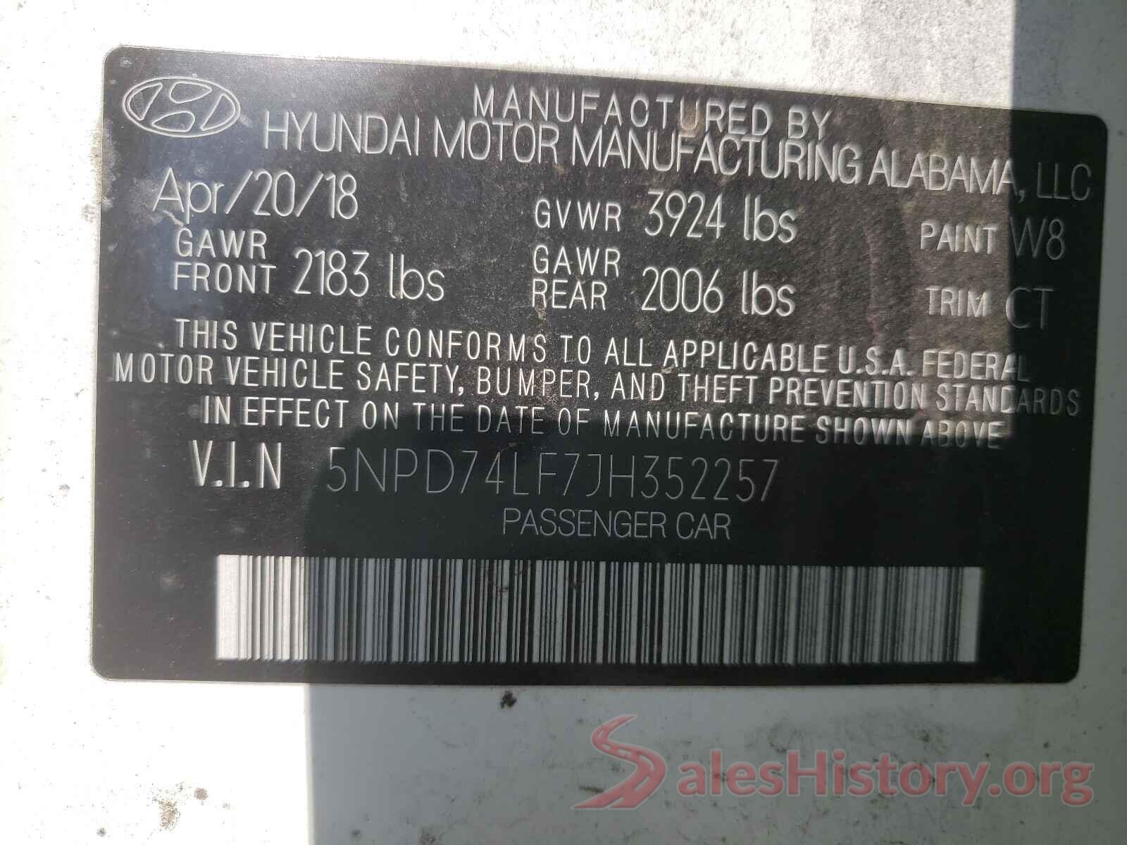 5NPD74LF7JH352257 2018 HYUNDAI ELANTRA