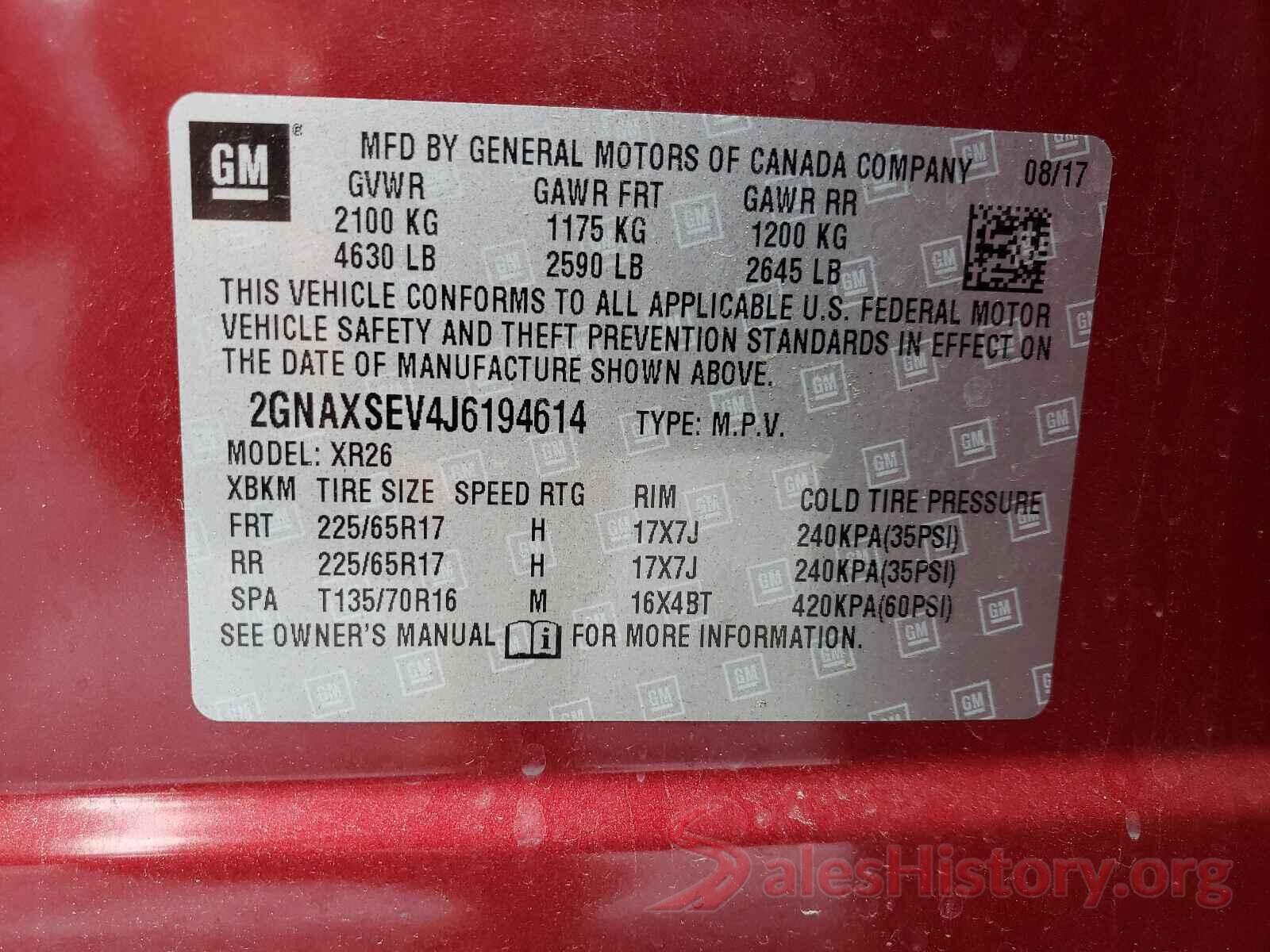 2GNAXSEV4J6194614 2018 CHEVROLET EQUINOX