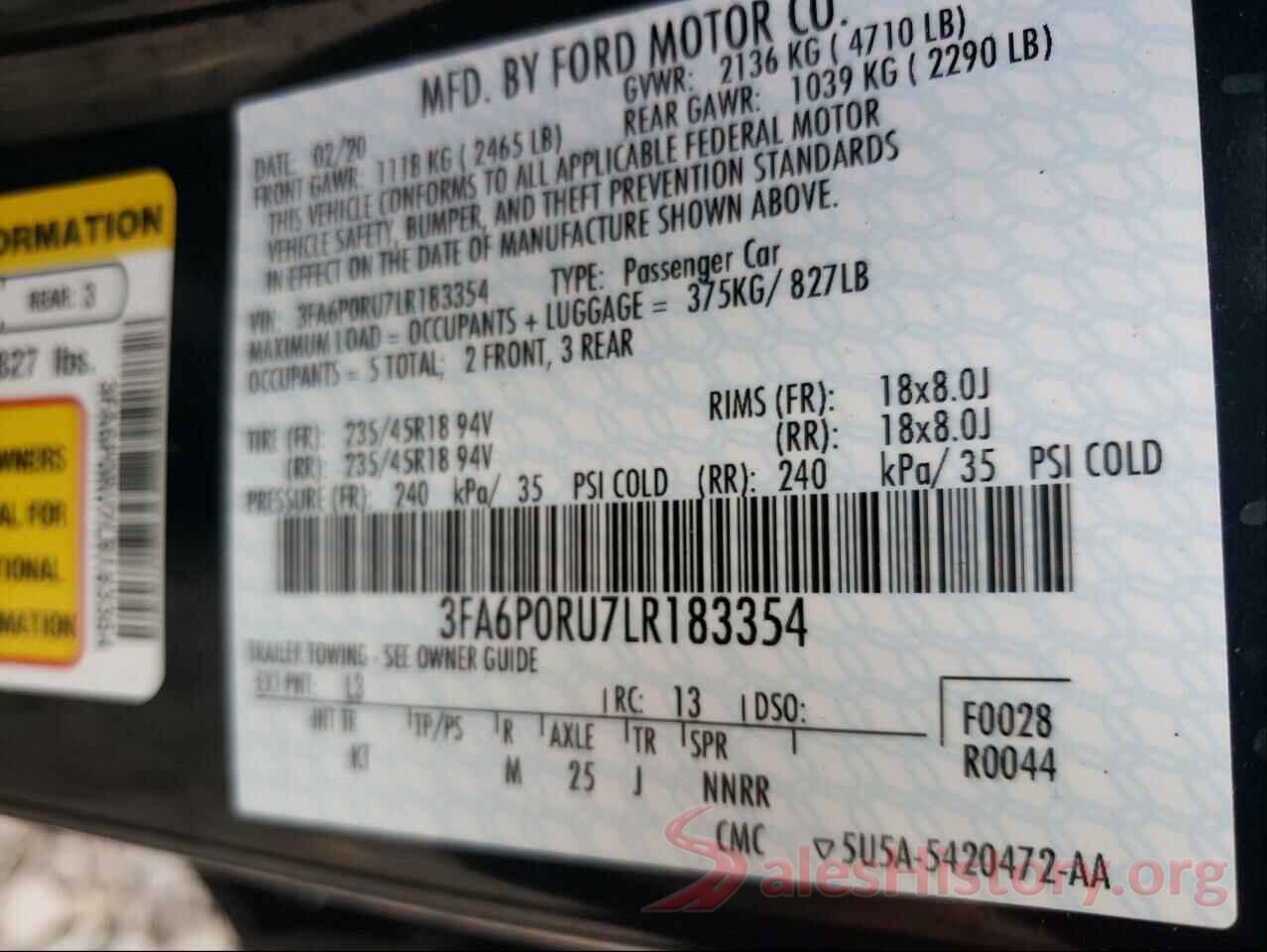 3FA6P0RU7LR183354 2020 FORD FUSION