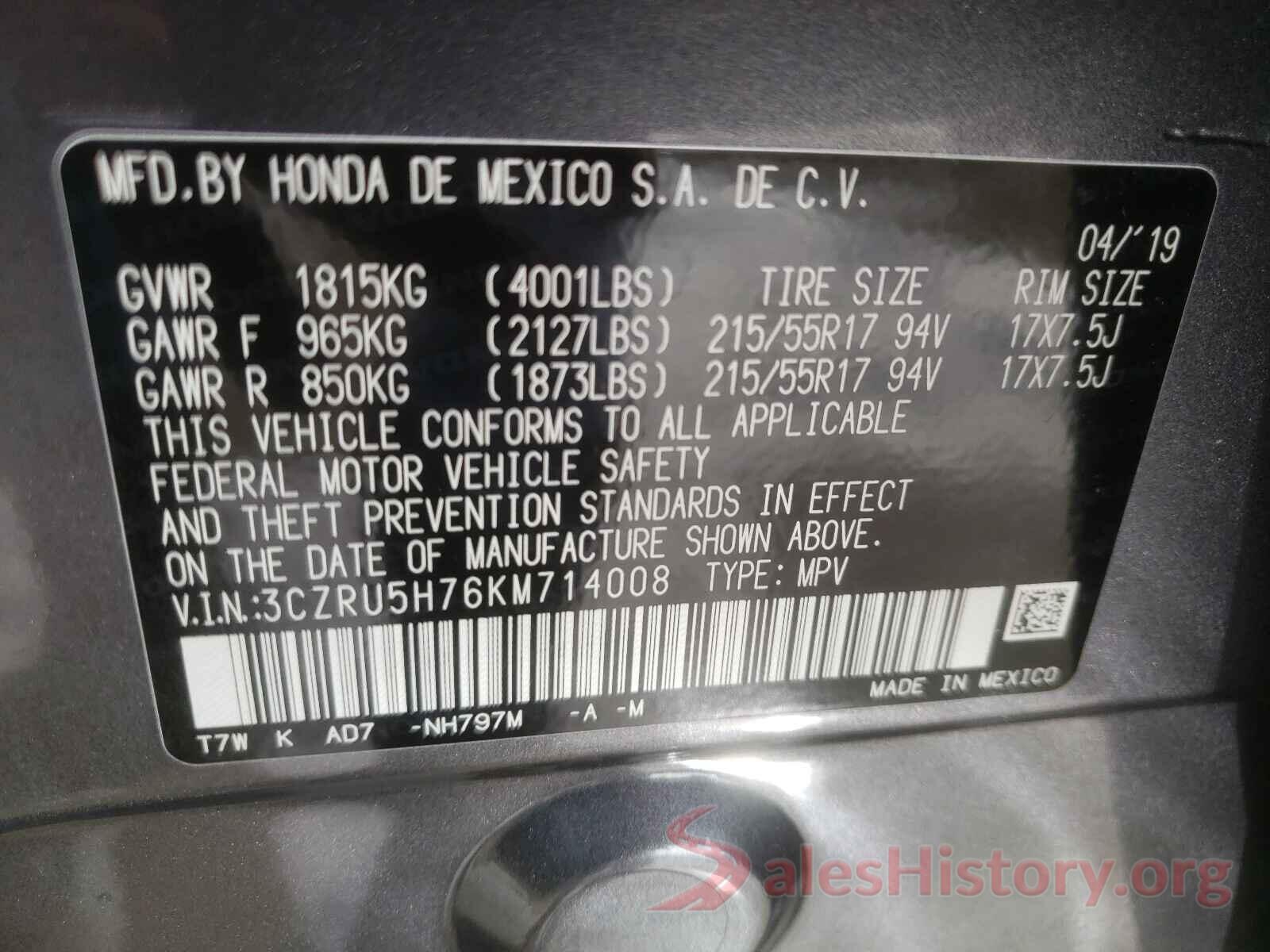 3CZRU5H76KM714008 2019 HONDA HR-V