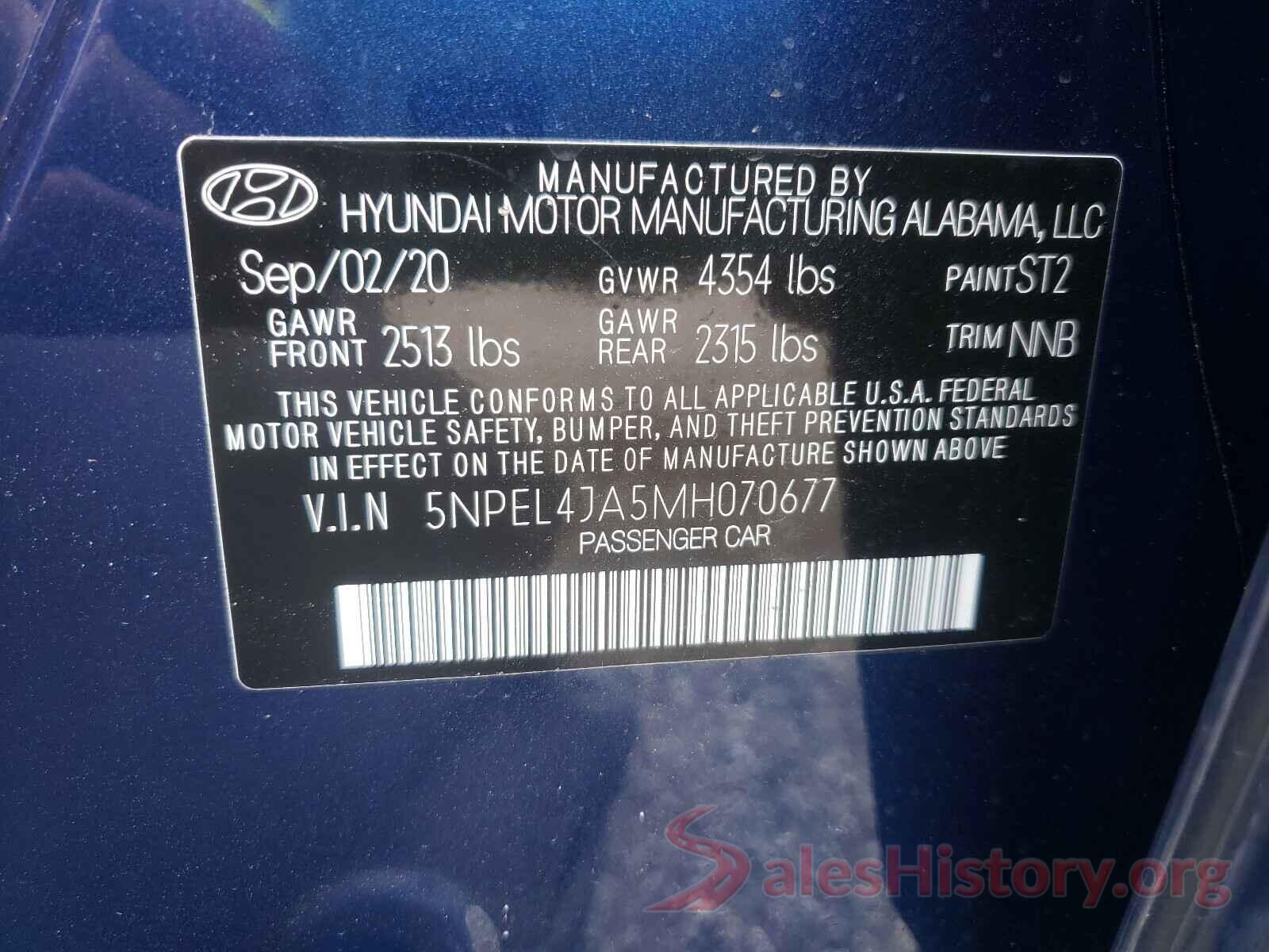 5NPEL4JA5MH070677 2021 HYUNDAI SONATA