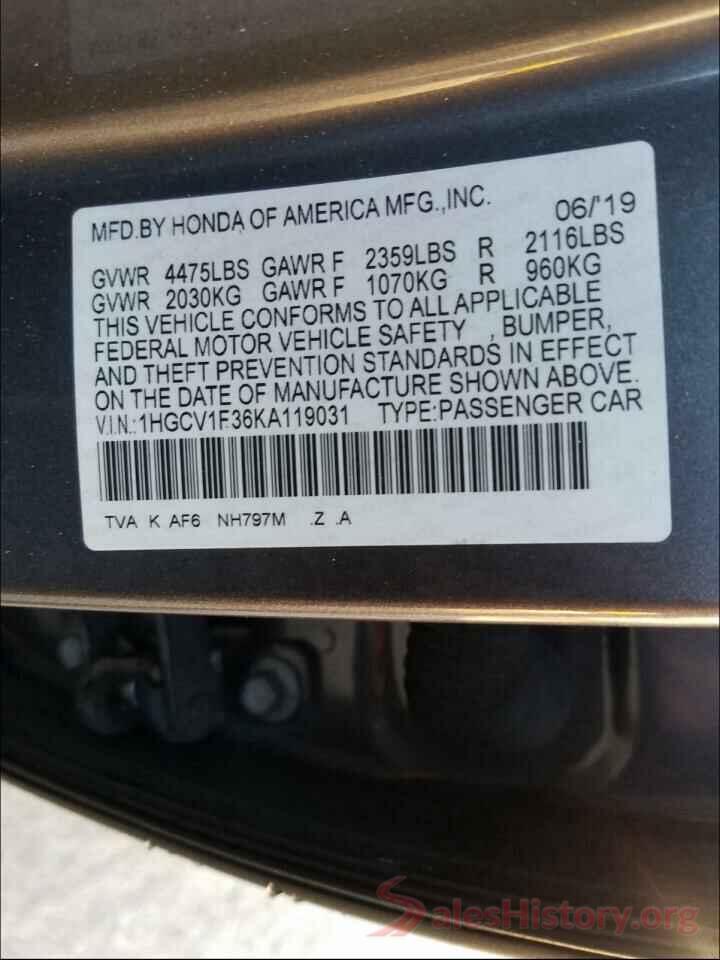 1HGCV1F36KA119031 2019 HONDA ACCORD