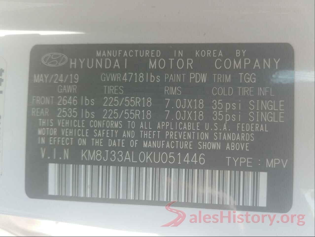 KM8J33AL0KU051446 2019 HYUNDAI TUCSON